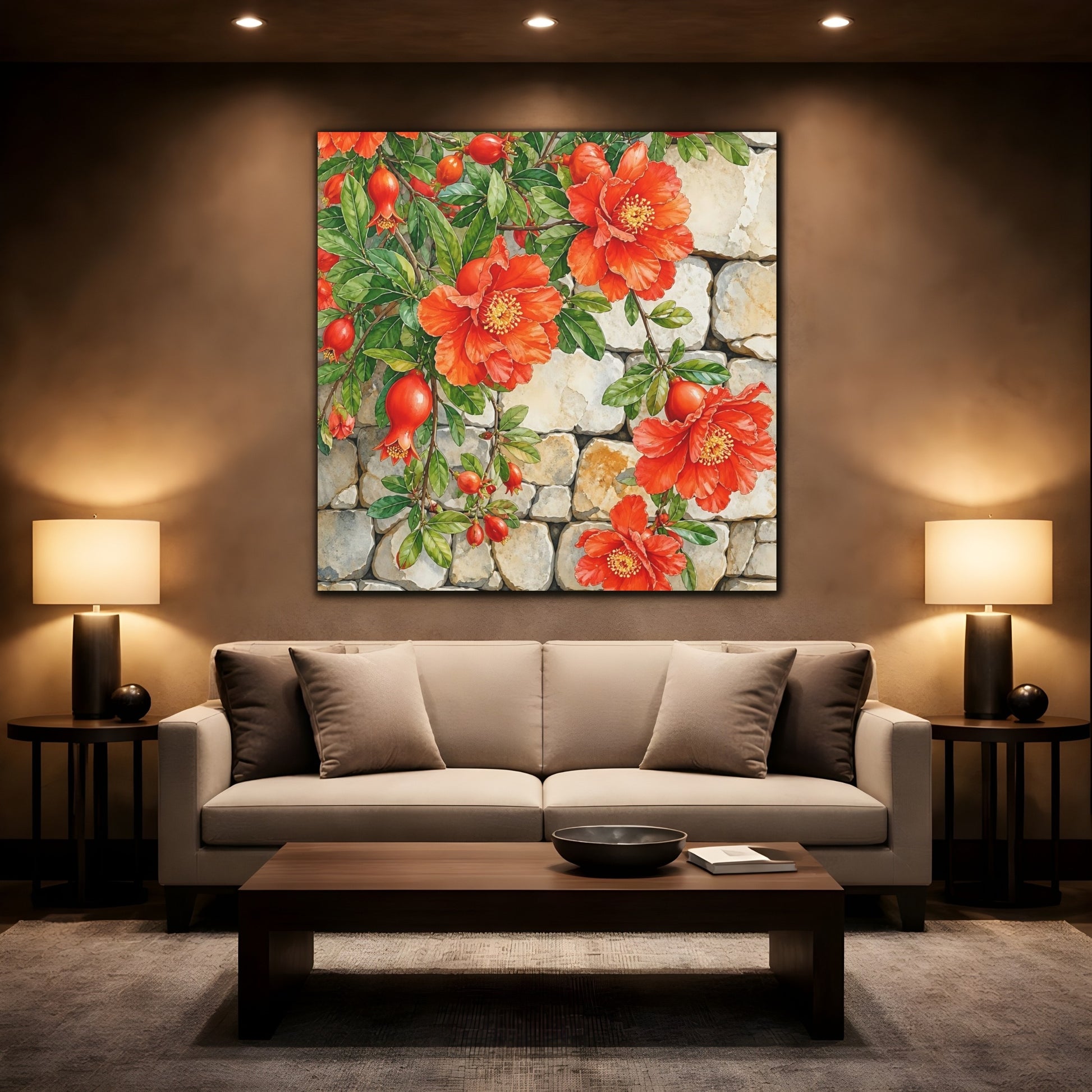 Mockup 2. Floral Pomegranate Flowers Red Pomegranate shown as stretched canvas wall art