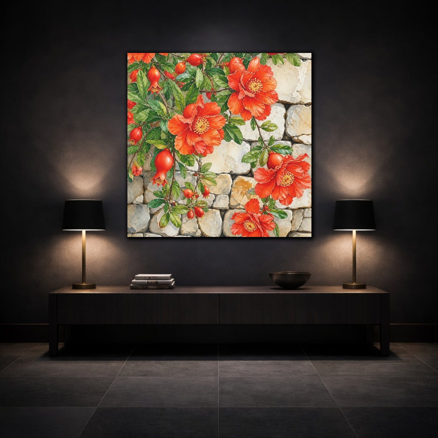 Mockup 3. Floral Pomegranate Flowers Red Pomegranate shown as stretched canvas wall art
