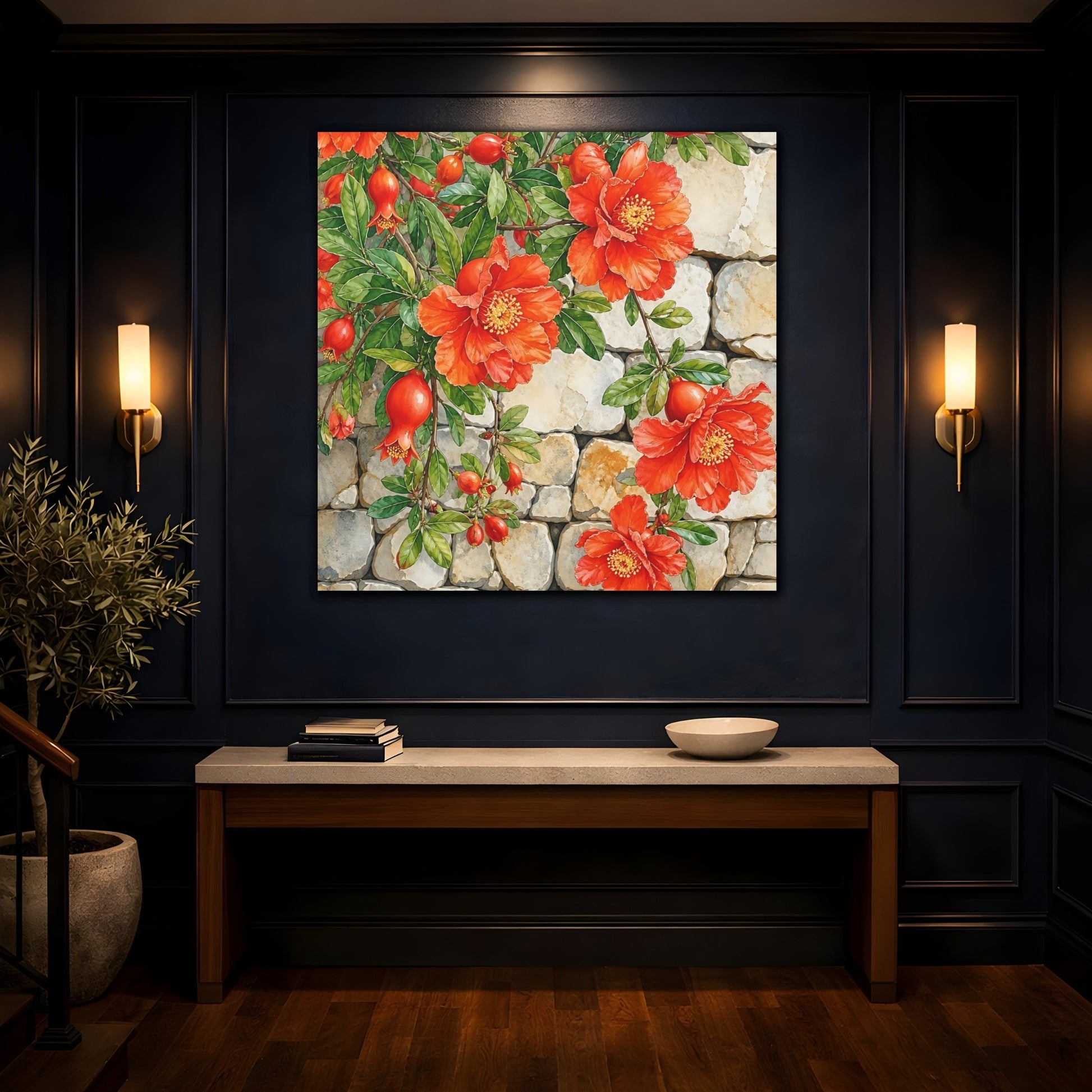 Mockup 4. Floral Pomegranate Flowers Red Pomegranate shown as stretched canvas wall art