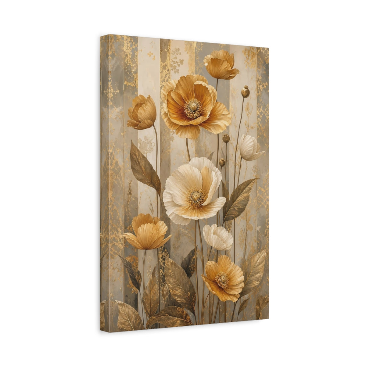 Side Mockup 4. Floral Poppies Gold And Gray Floral shown as stretched canvas wall art