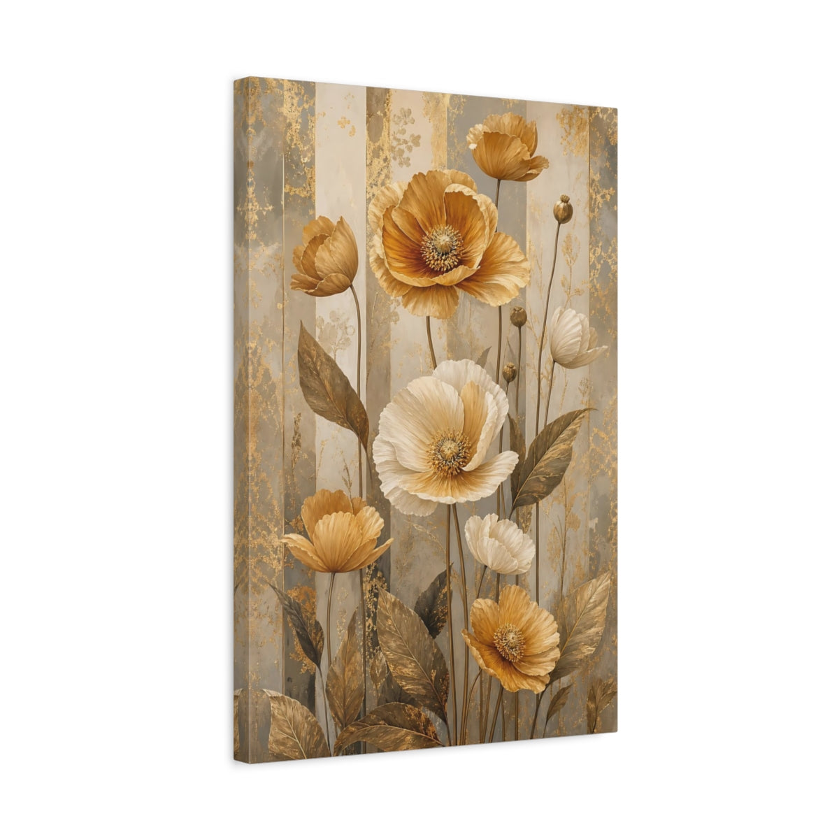 Side Mockup 3. Floral Poppies Gold And Gray Floral shown as stretched canvas wall art