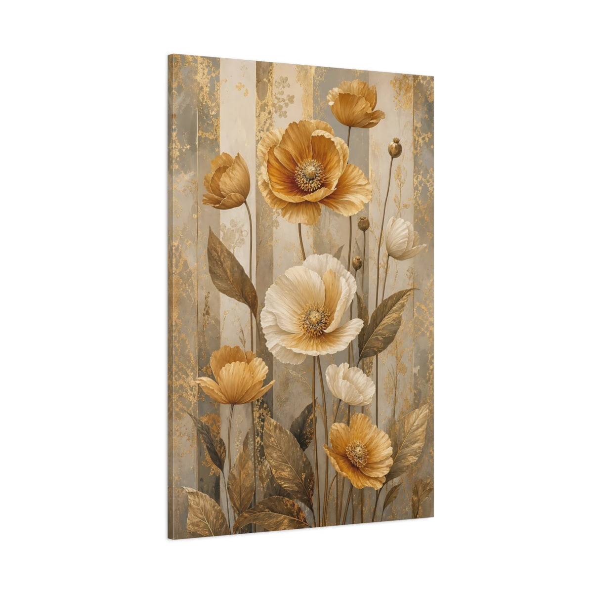 Side Mockup 1. Floral Poppies Gold And Gray Floral shown as stretched canvas wall art