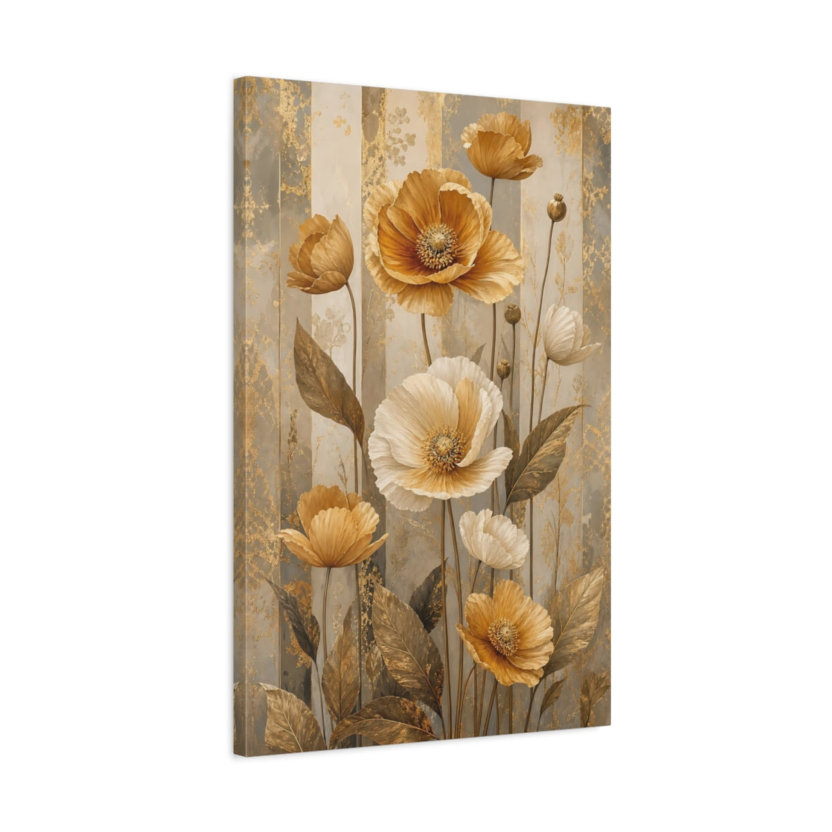 Side Mockup 2. Floral Poppies Gold And Gray Floral shown as stretched canvas wall art