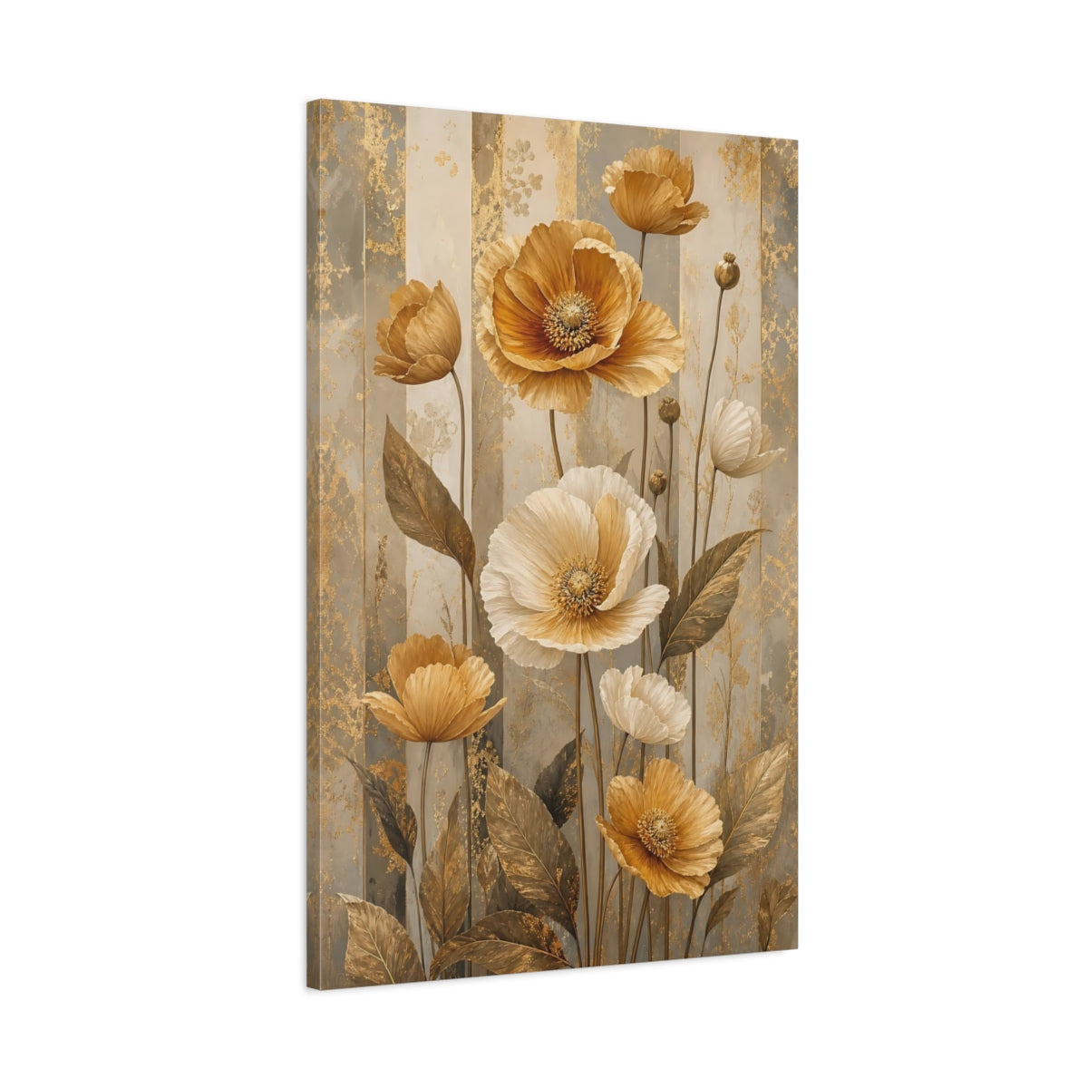 Main Mockup. Floral Poppies Gold And Gray Floral shown as stretched canvas wall art