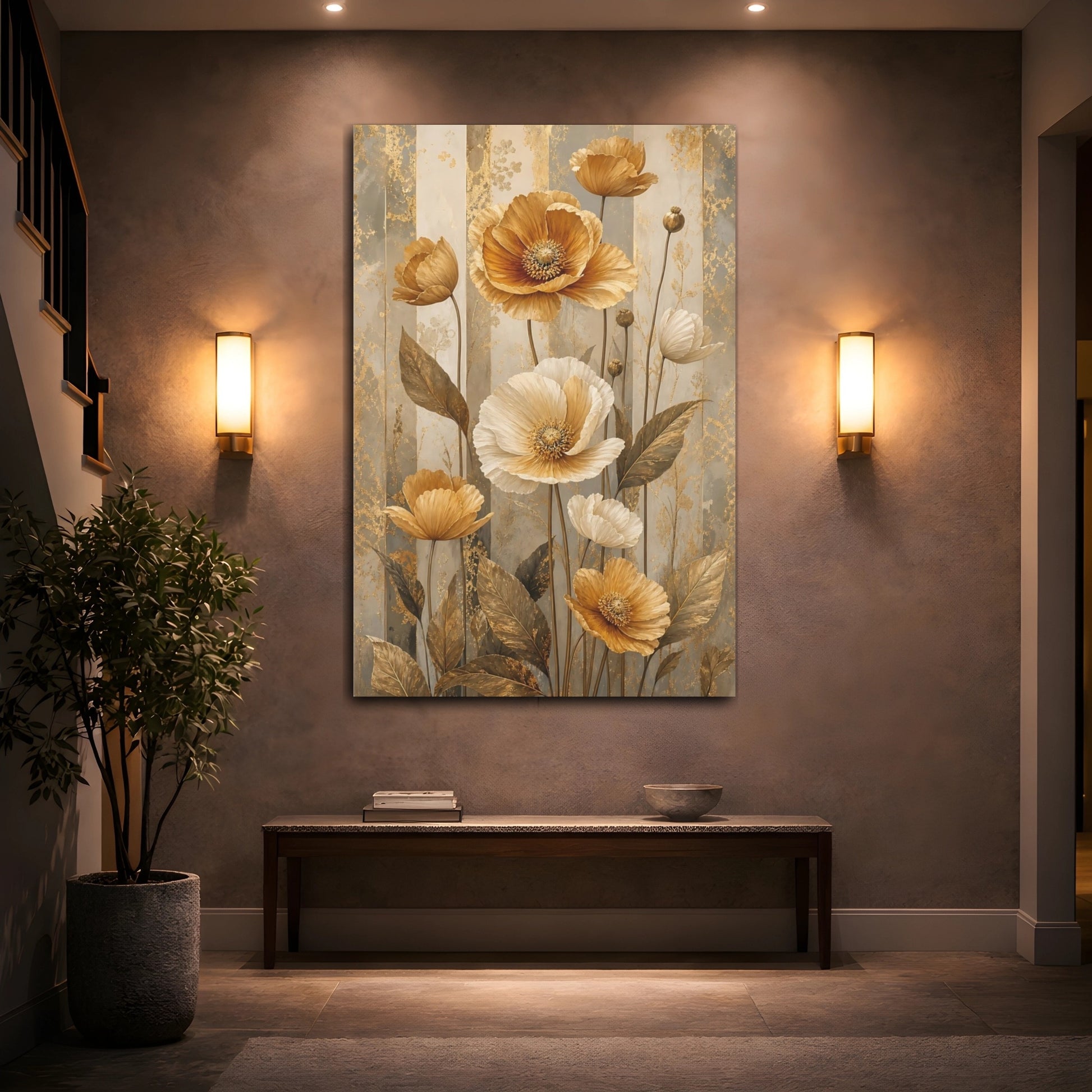 Mockup 2. Floral Poppies Gold And Gray Floral shown as stretched canvas wall art