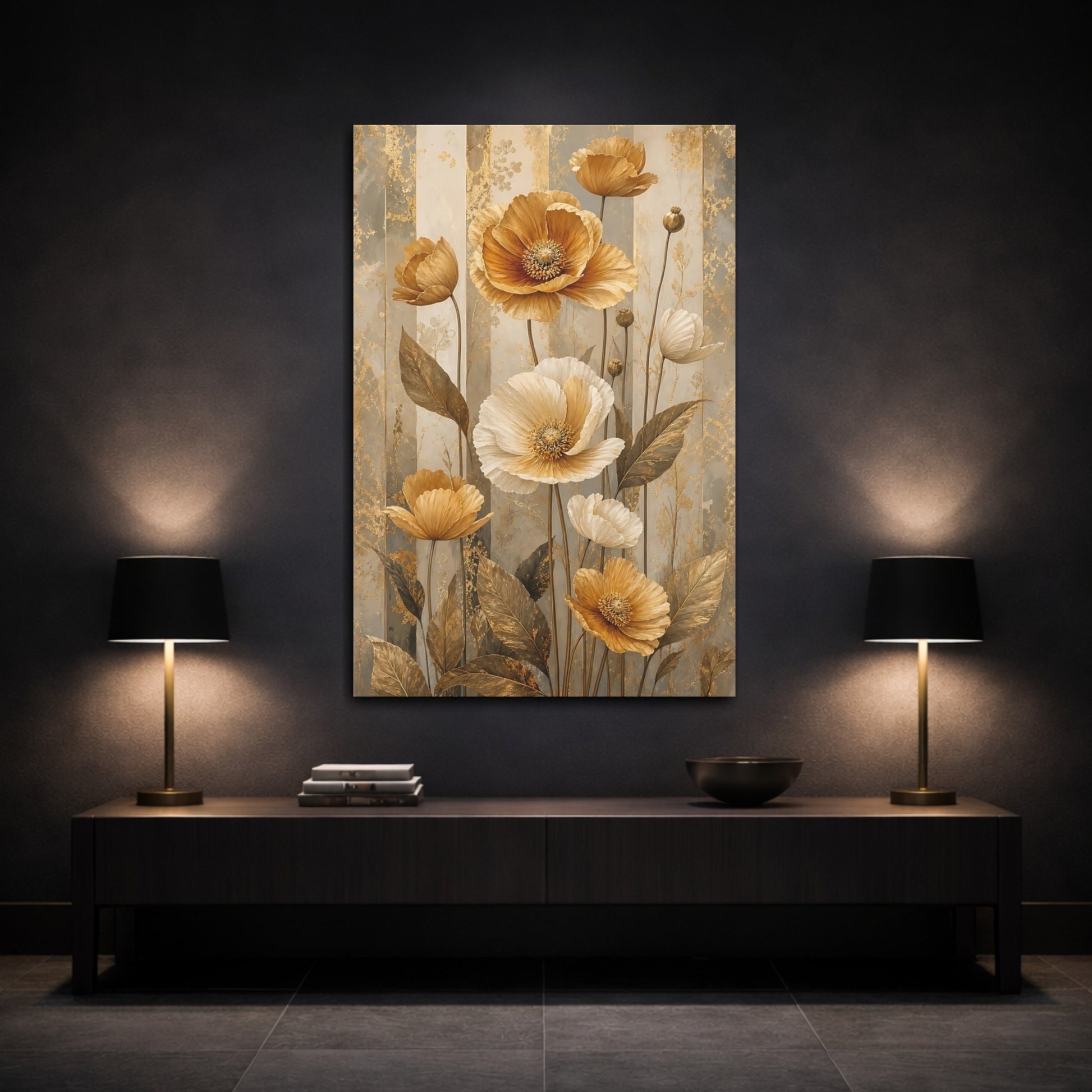 Mockup 3. Floral Poppies Gold And Gray Floral shown as stretched canvas wall art