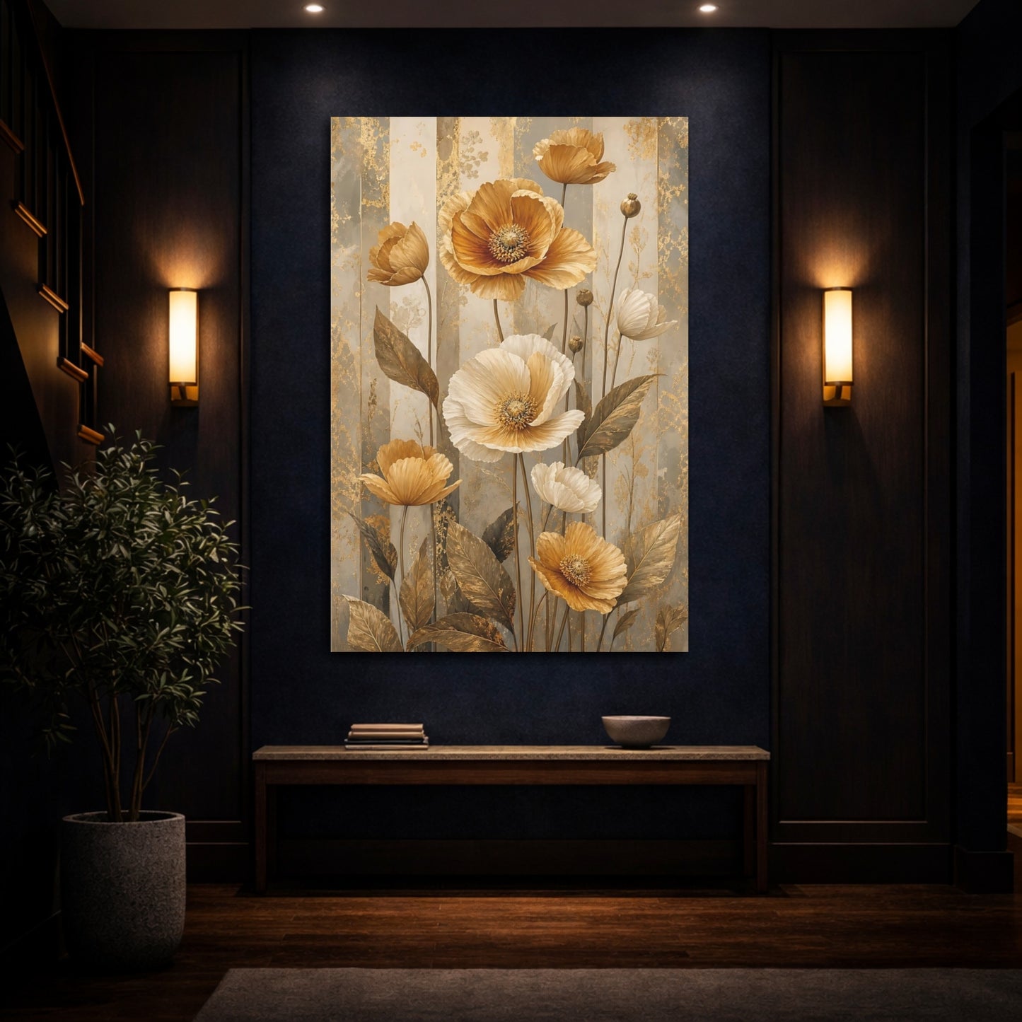 Mockup 4. Floral Poppies Gold And Gray Floral shown as stretched canvas wall art