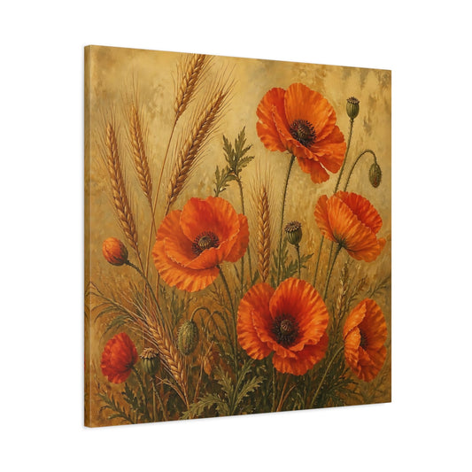 Main Mockup. Floral Poppies Orange And Gold Poppies shown as stretched canvas wall art