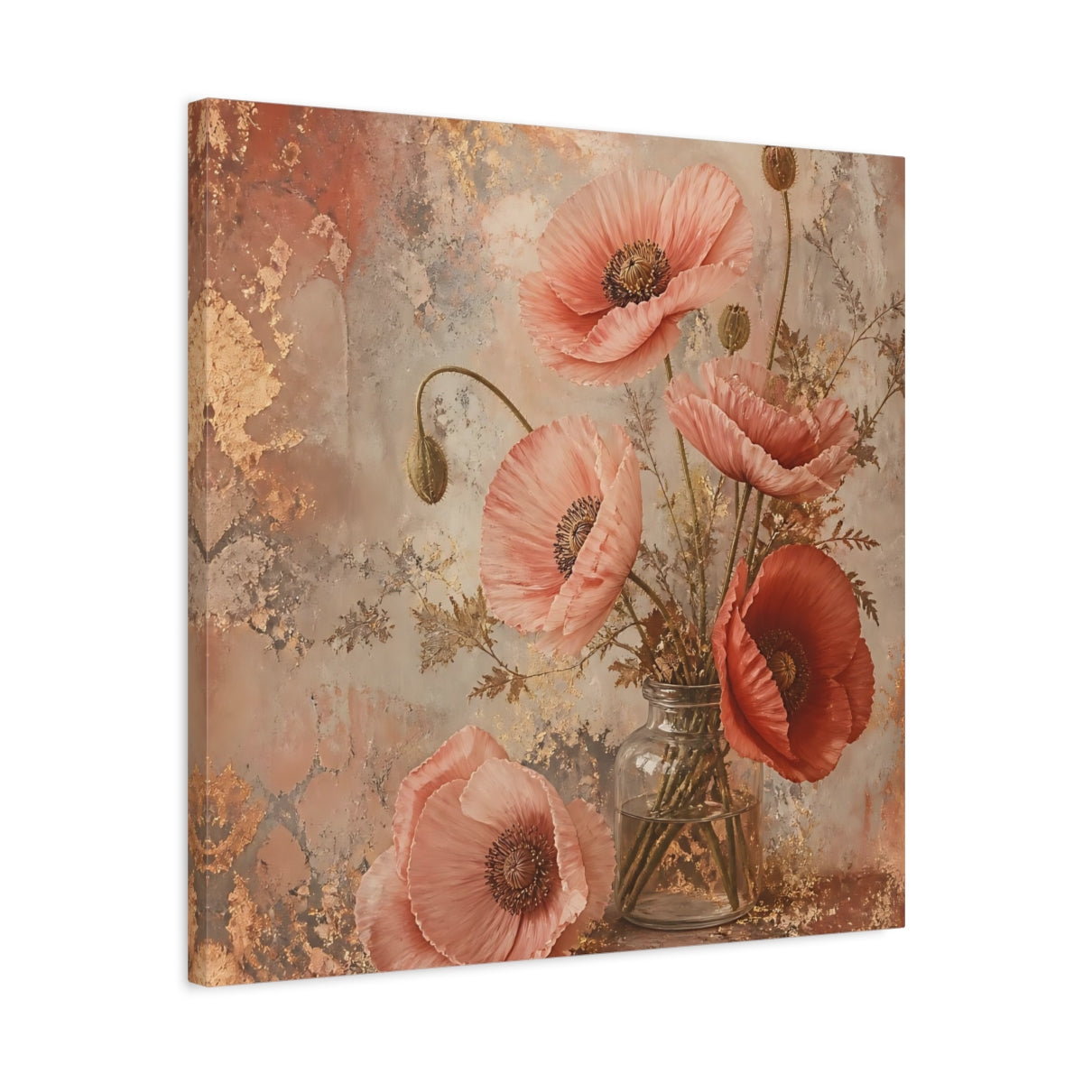 Side Mockup 4. Floral Poppies Pink And Gold Floral shown as stretched canvas wall art