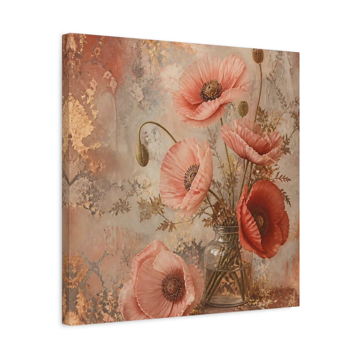Side Mockup 5. Floral Poppies Pink And Gold Floral shown as stretched canvas wall art
