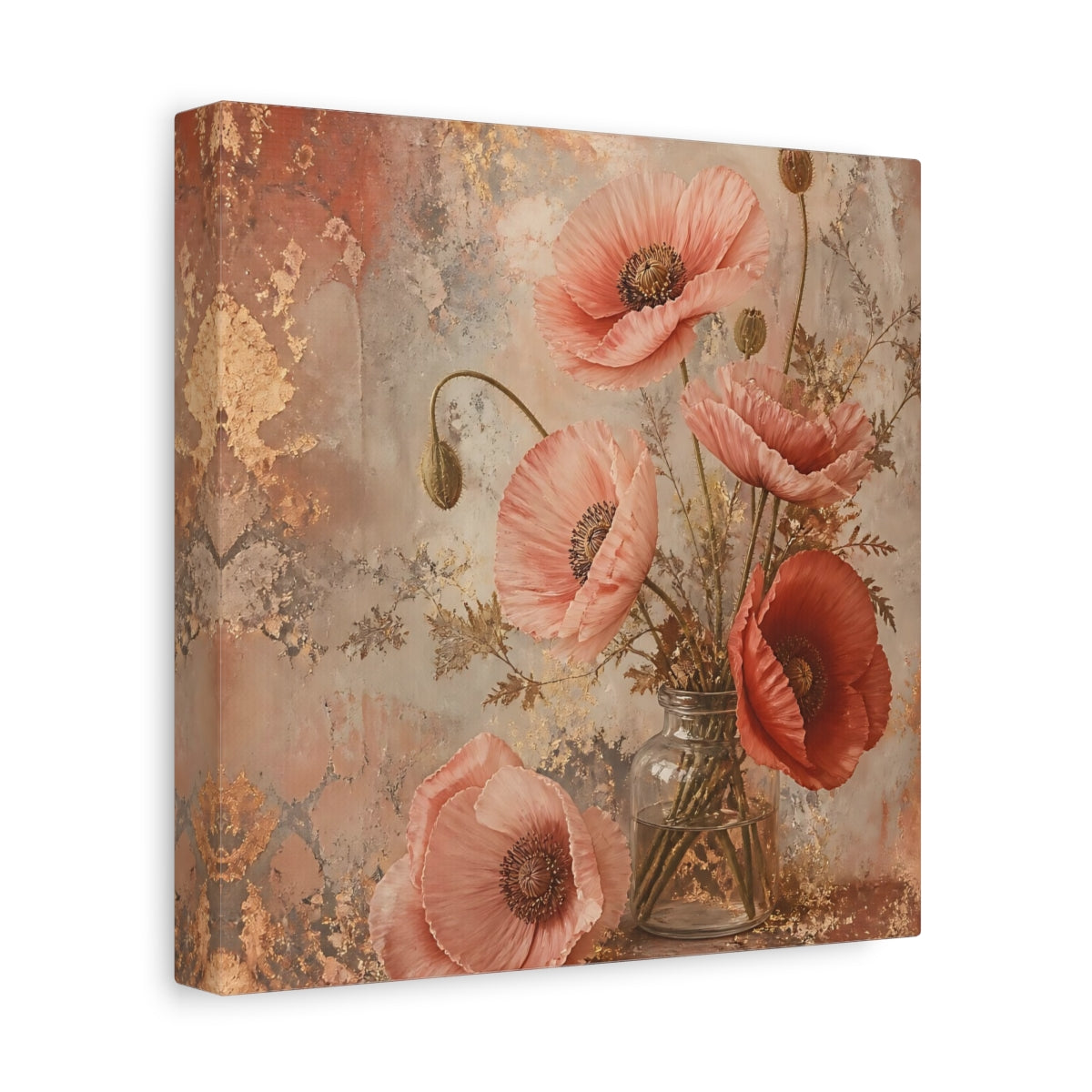 Side Mockup 9. Floral Poppies Pink And Gold Floral shown as stretched canvas wall art
