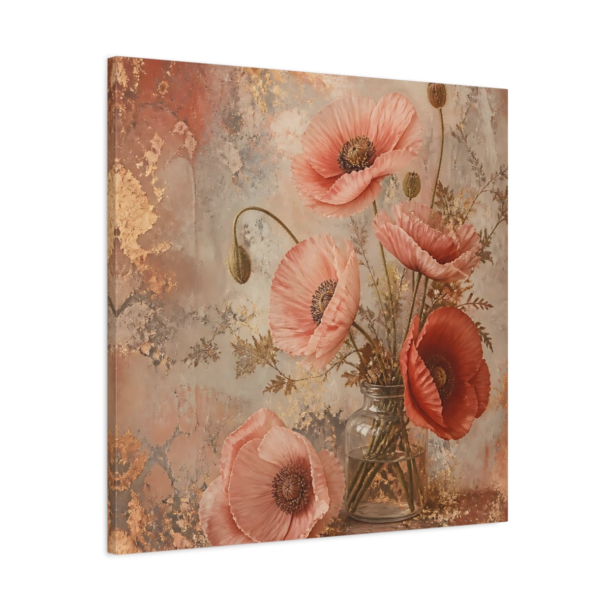 Side Mockup 3. Floral Poppies Pink And Gold Floral shown as stretched canvas wall art