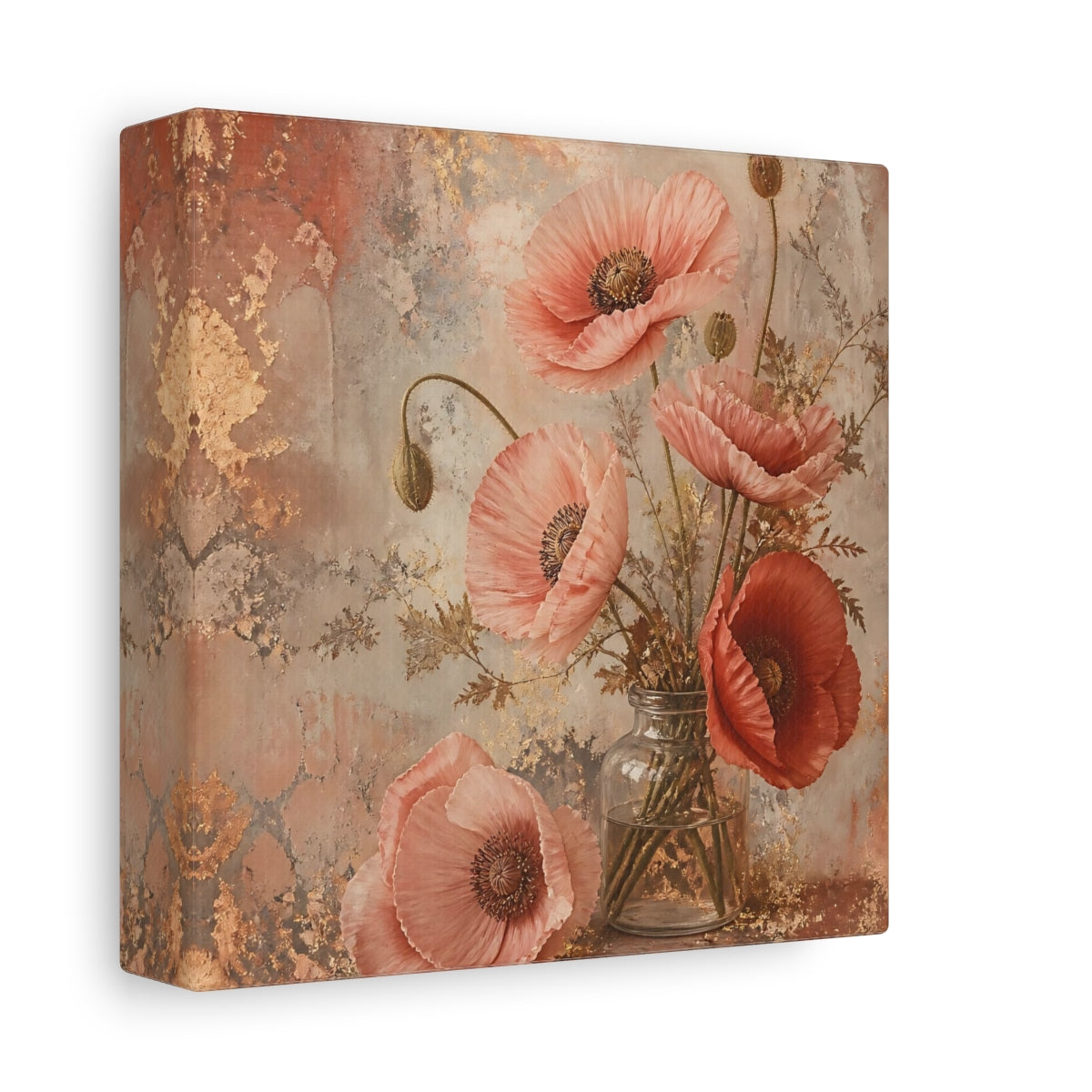 Side Mockup 2. Floral Poppies Pink And Gold Floral shown as stretched canvas wall art