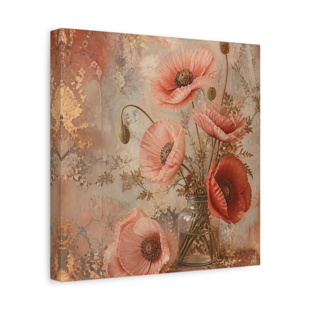 Side Mockup 8. Floral Poppies Pink And Gold Floral shown as stretched canvas wall art