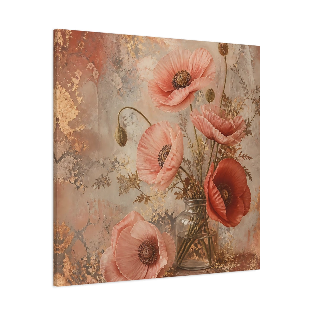 Side Mockup 1. Floral Poppies Pink And Gold Floral shown as stretched canvas wall art