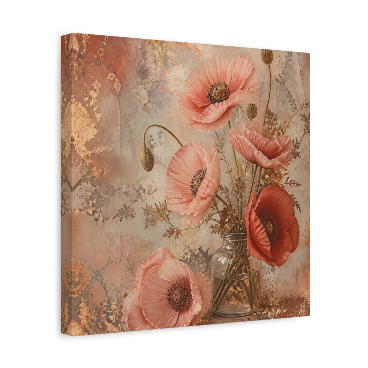 Side Mockup 7. Floral Poppies Pink And Gold Floral shown as stretched canvas wall art