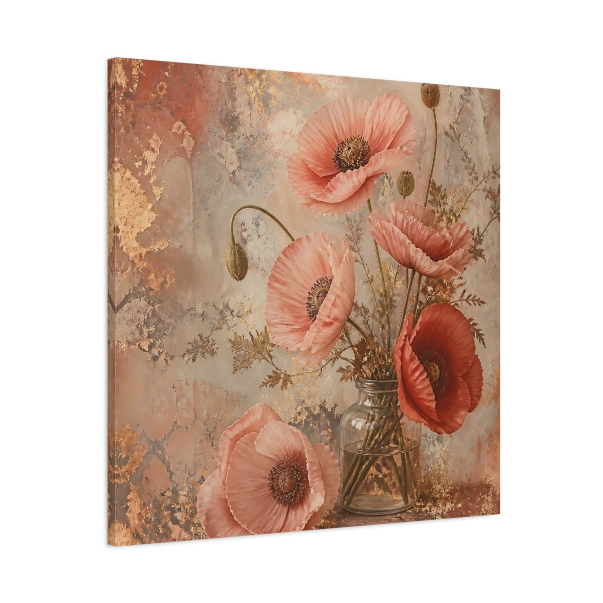 Main Mockup. Floral Poppies Pink And Gold Floral shown as stretched canvas wall art