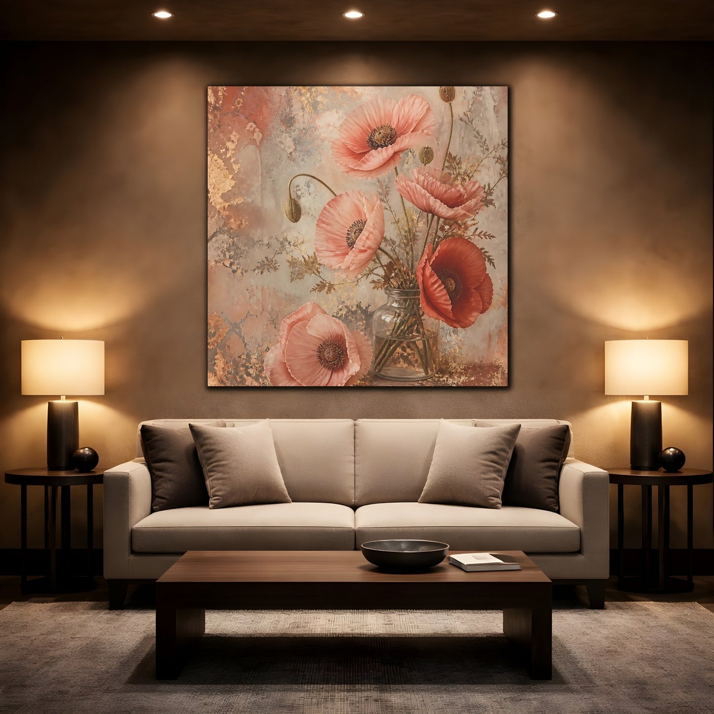 Mockup 2. Floral Poppies Pink And Gold Floral shown as stretched canvas wall art