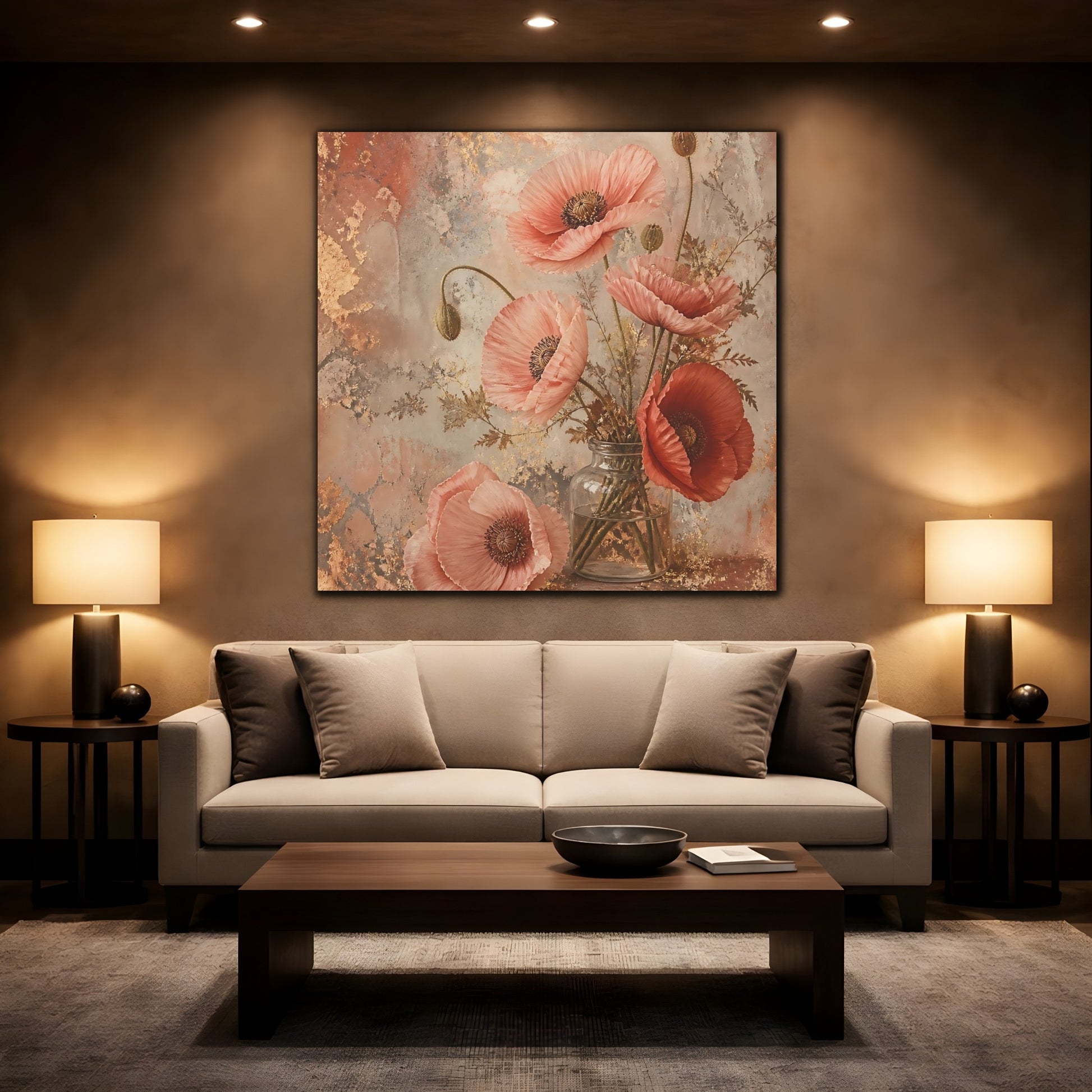 Mockup 2. Floral Poppies Pink And Gold Floral shown as stretched canvas wall art
