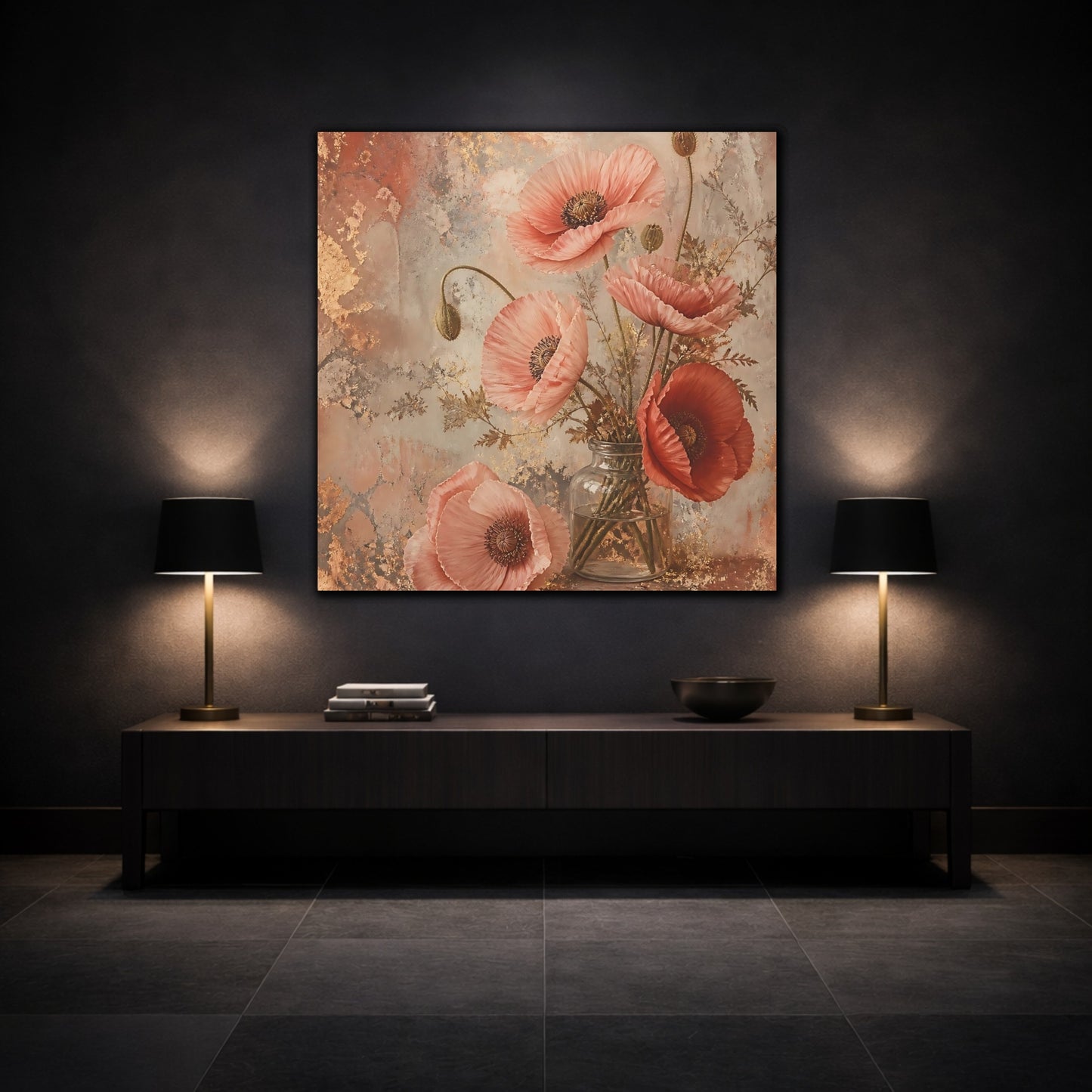 Mockup 3. Floral Poppies Pink And Gold Floral shown as stretched canvas wall art