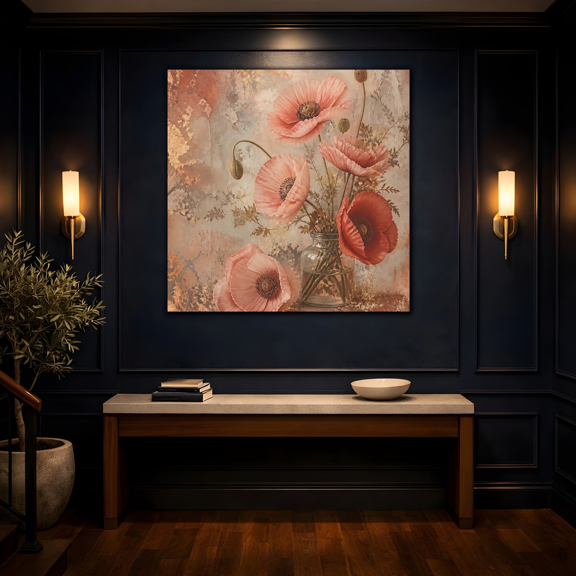 Mockup 4. Floral Poppies Pink And Gold Floral shown as stretched canvas wall art