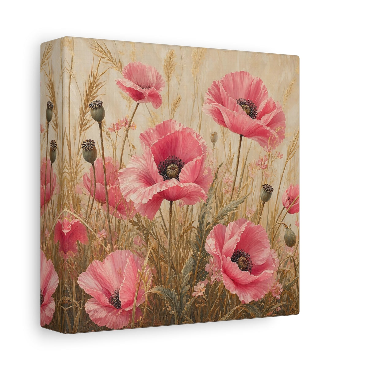 Side Mockup 2. Floral Poppies Pink Poppies shown as stretched canvas wall art