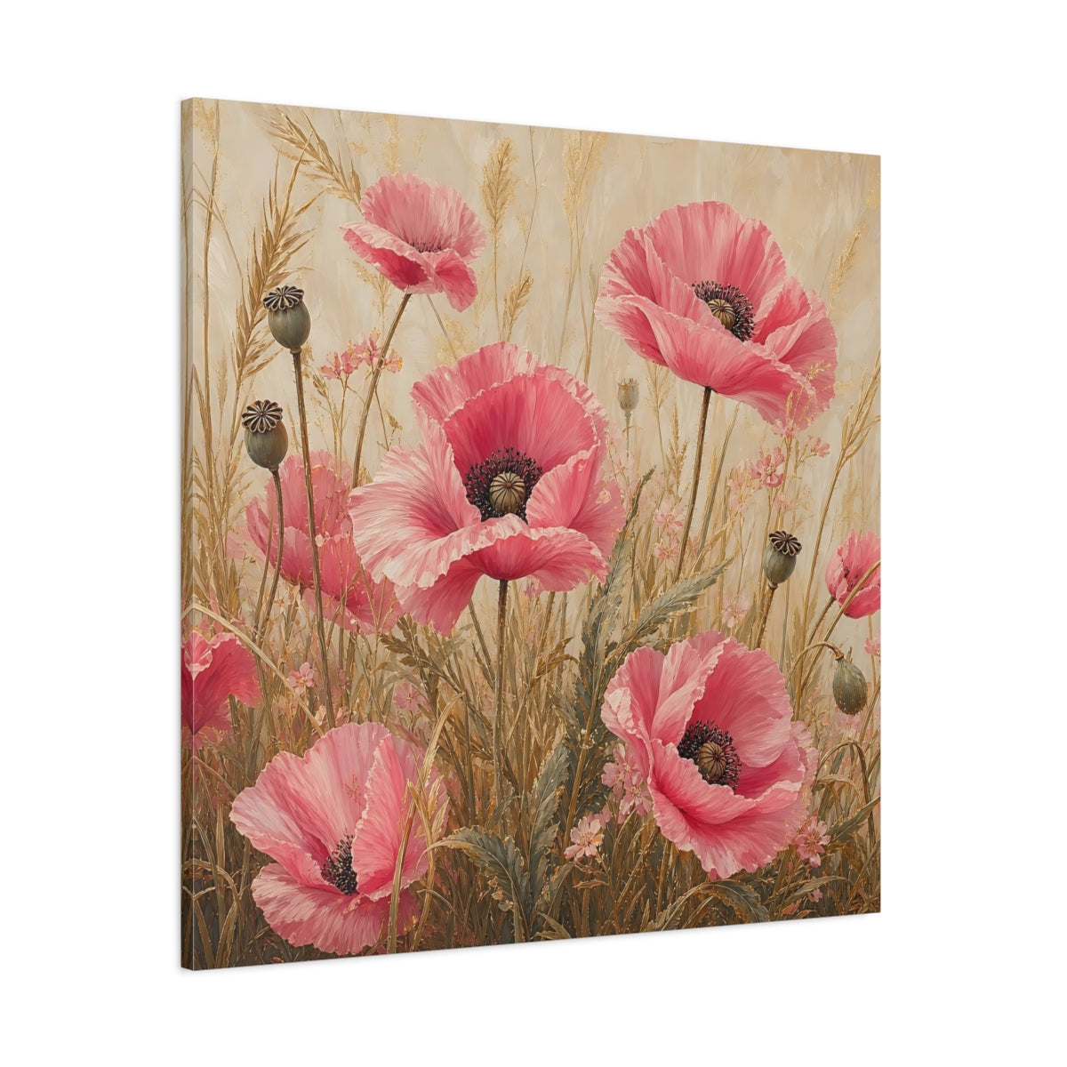 Side Mockup 1. Floral Poppies Pink Poppies shown as stretched canvas wall art