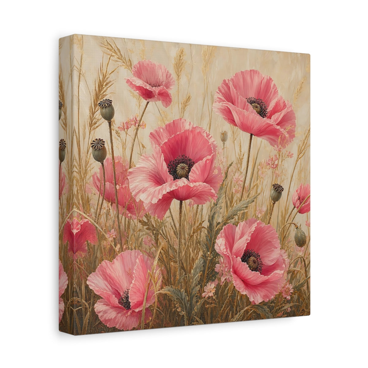 Side Mockup 9. Floral Poppies Pink Poppies shown as stretched canvas wall art