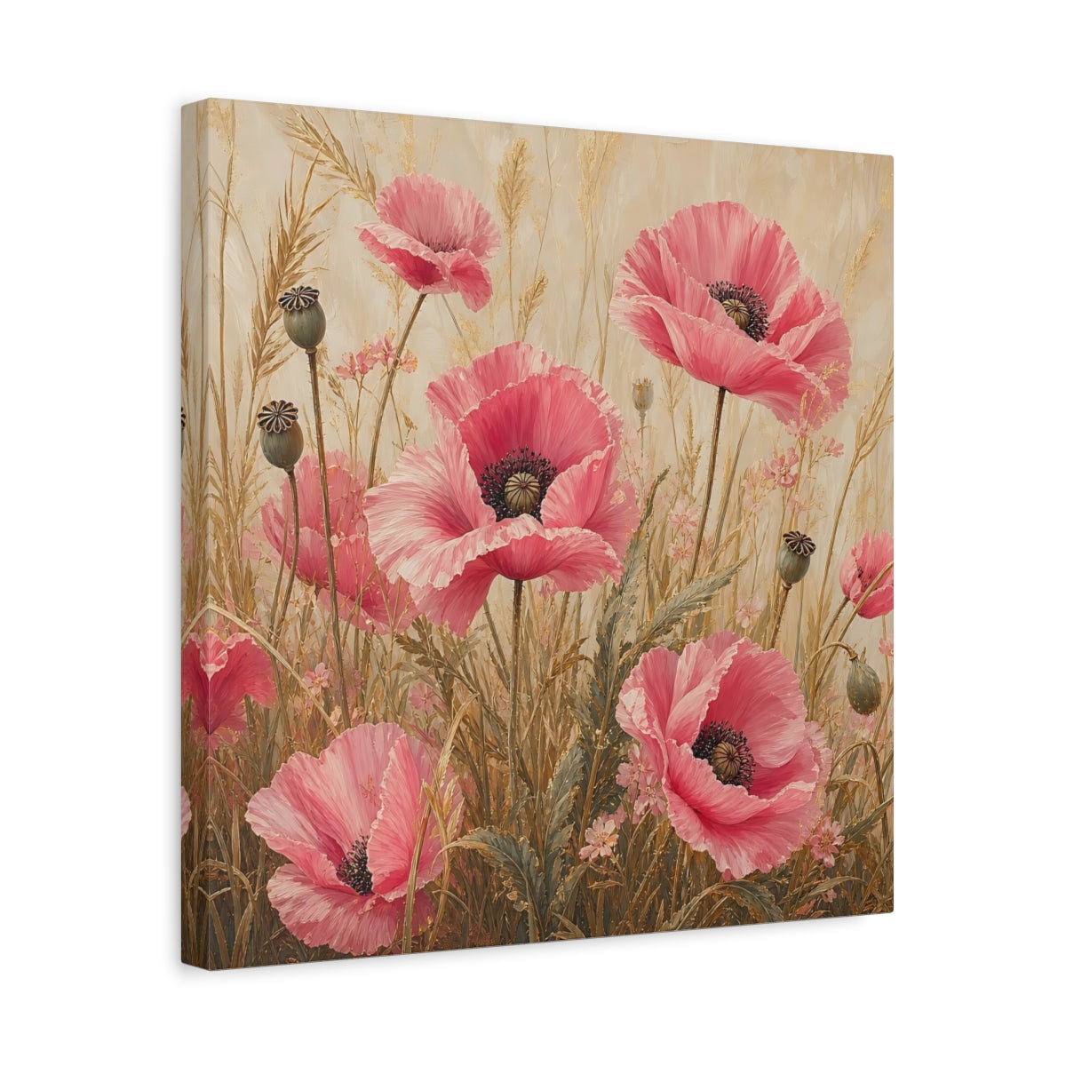Side Mockup 6. Floral Poppies Pink Poppies shown as stretched canvas wall art