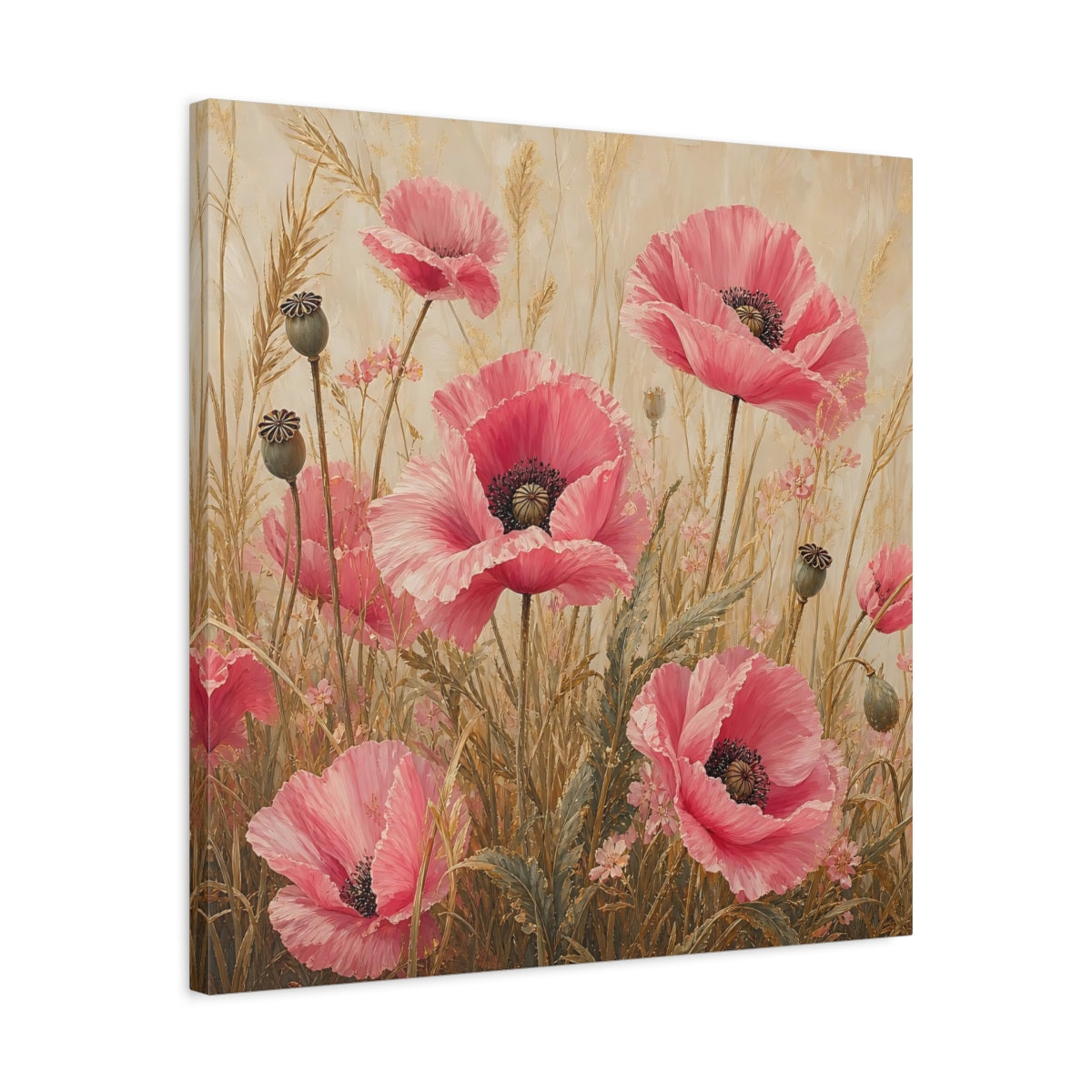 Side Mockup 4. Floral Poppies Pink Poppies shown as stretched canvas wall art
