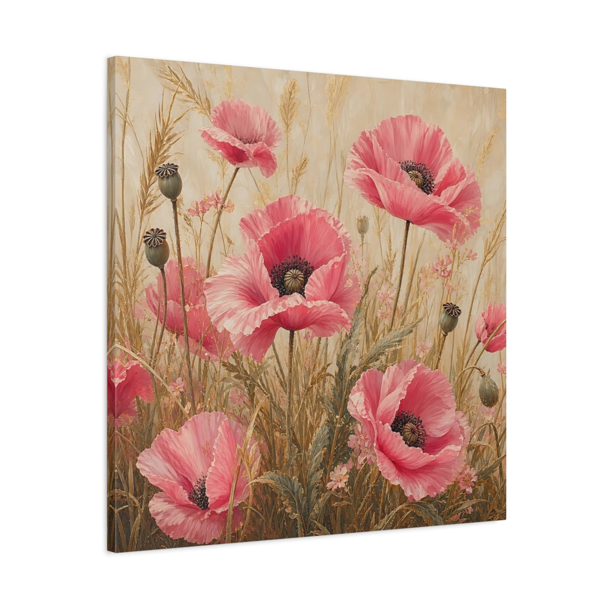 Side Mockup 3. Floral Poppies Pink Poppies shown as stretched canvas wall art