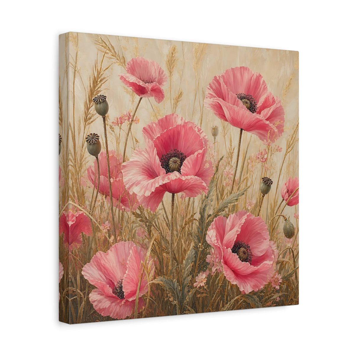Side Mockup 7. Floral Poppies Pink Poppies shown as stretched canvas wall art