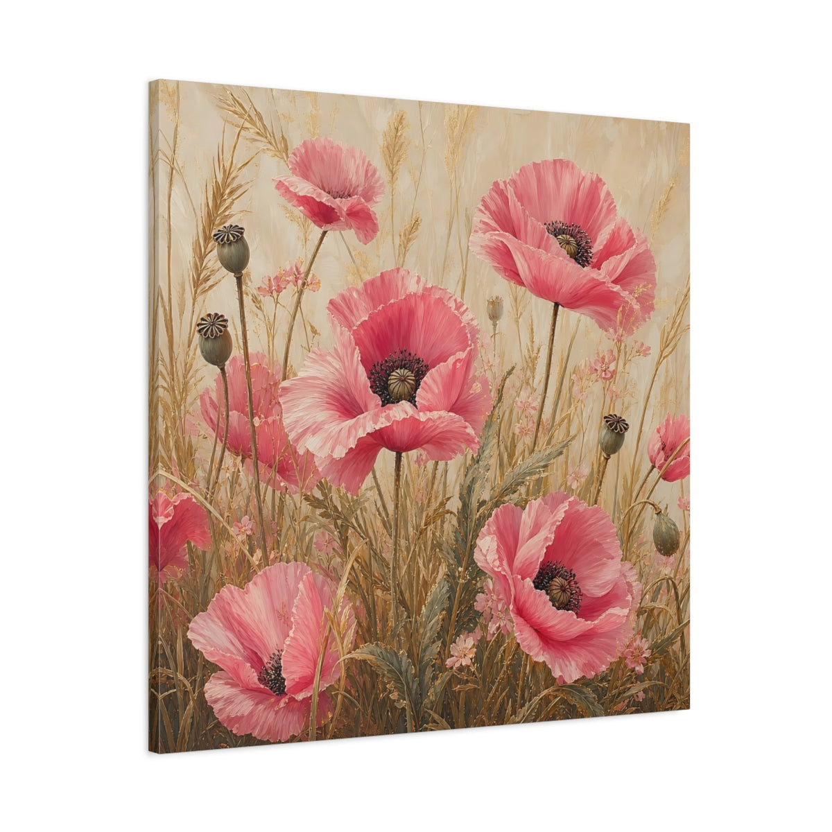 Main Mockup. Floral Poppies Pink Poppies shown as stretched canvas wall art