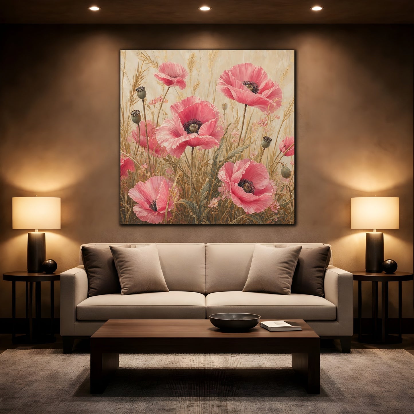 Mockup 2. Floral Poppies Pink Poppies shown as stretched canvas wall art