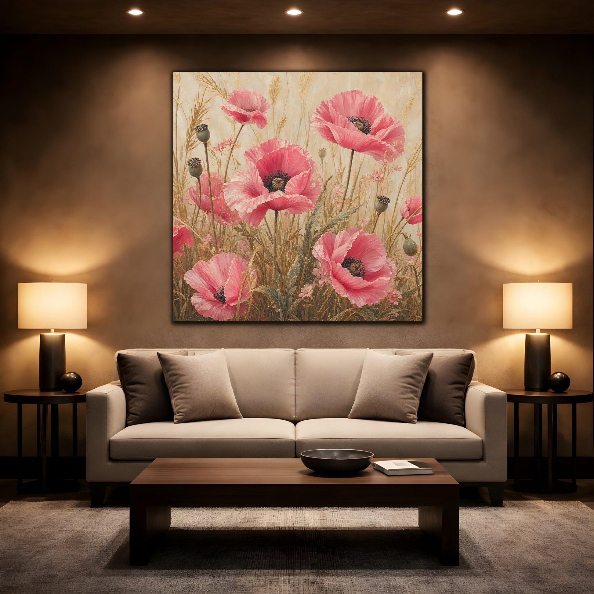 Mockup 2. Floral Poppies Pink Poppies shown as stretched canvas wall art