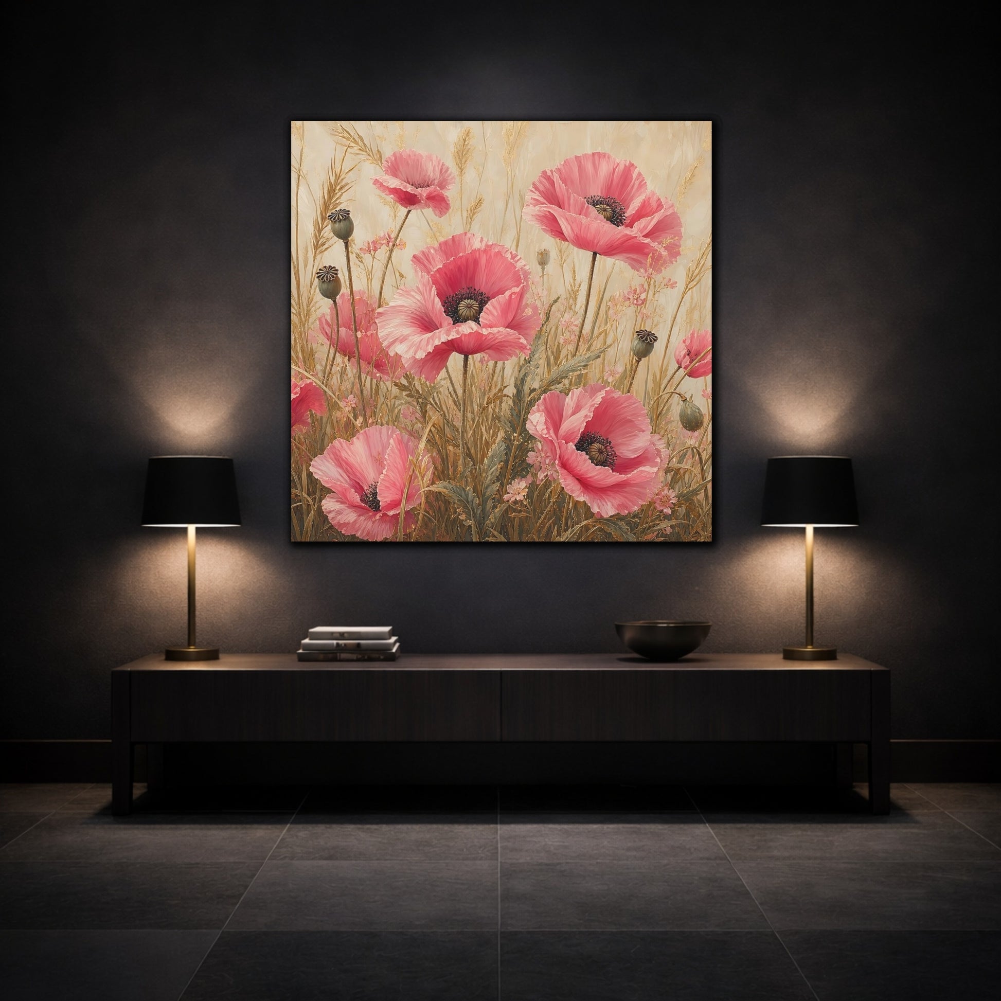 Mockup 3. Floral Poppies Pink Poppies shown as stretched canvas wall art
