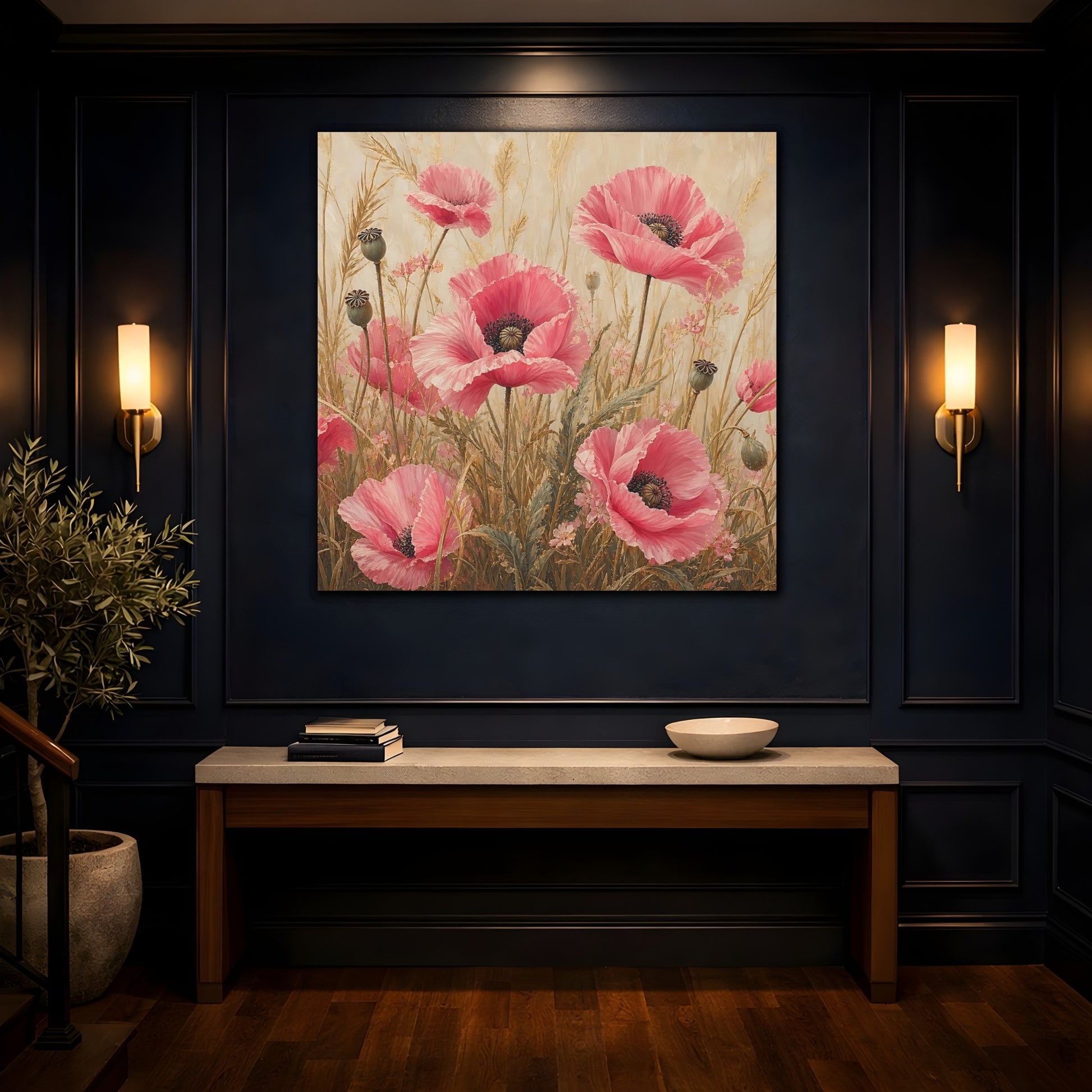 Mockup 4. Floral Poppies Pink Poppies shown as stretched canvas wall art