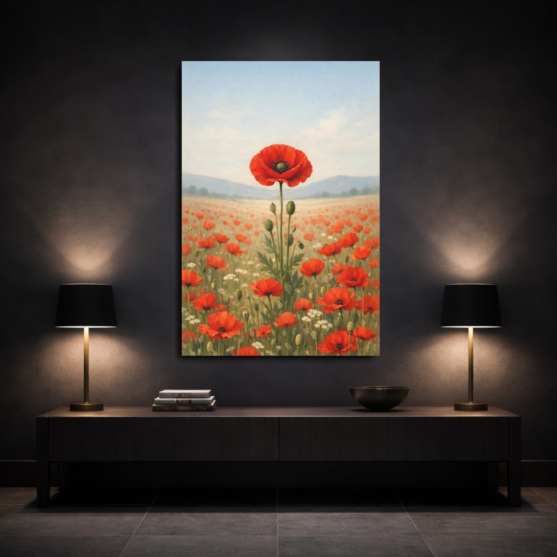 Mockup 2. Floral Poppies Red Poppies shown as stretched canvas wall art