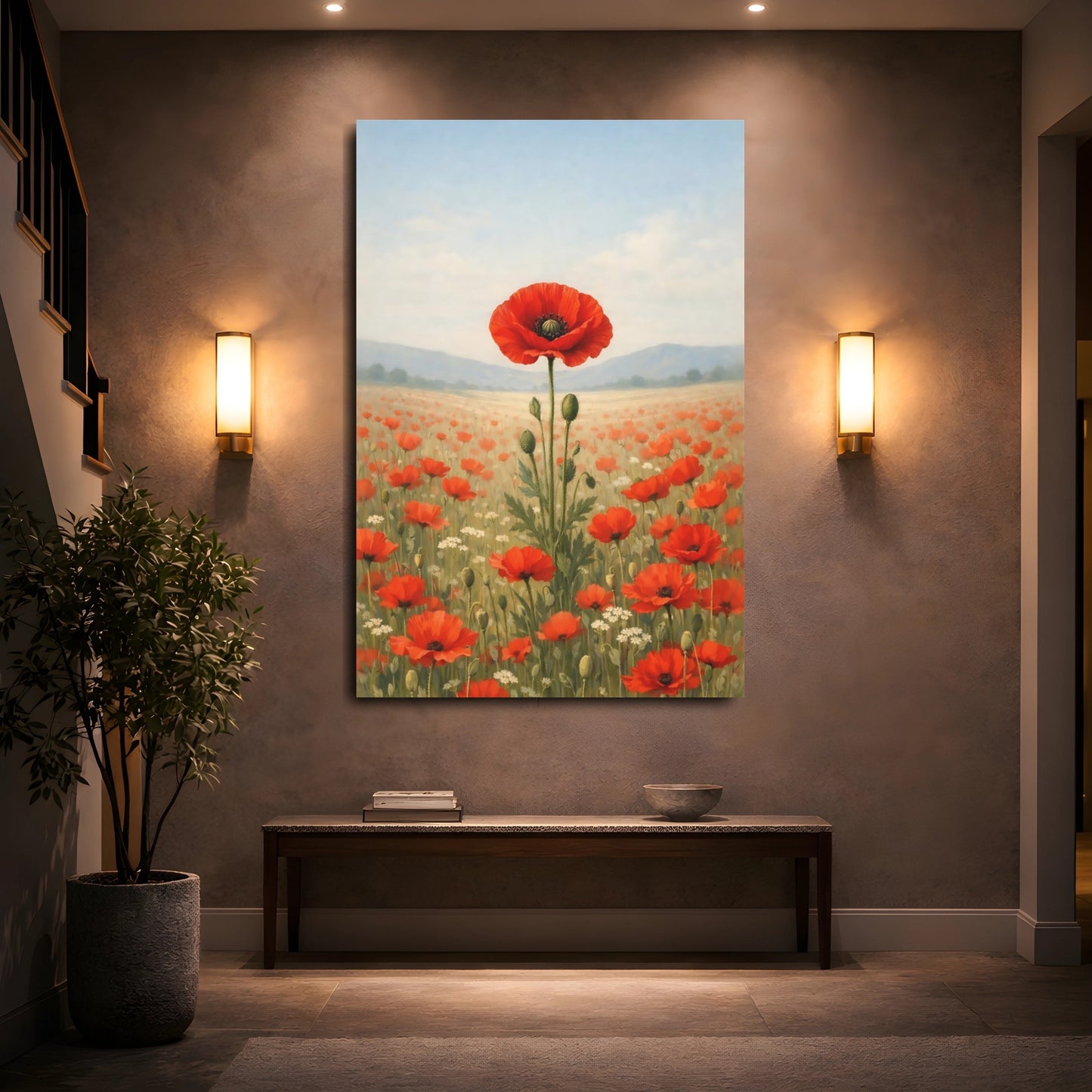 Mockup 4. Floral Poppies Red Poppies shown as stretched canvas wall art