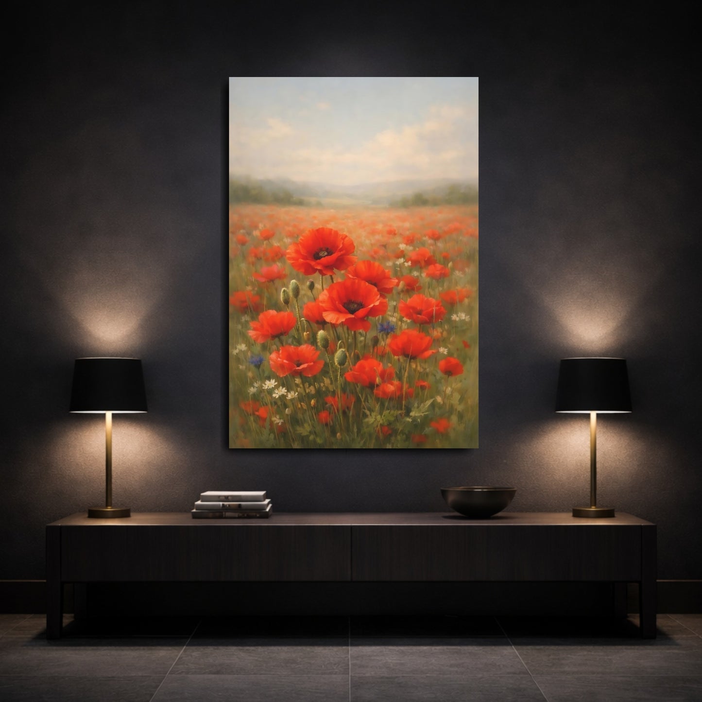 Mockup 2. Floral Poppies Red Poppy Field shown as stretched canvas wall art