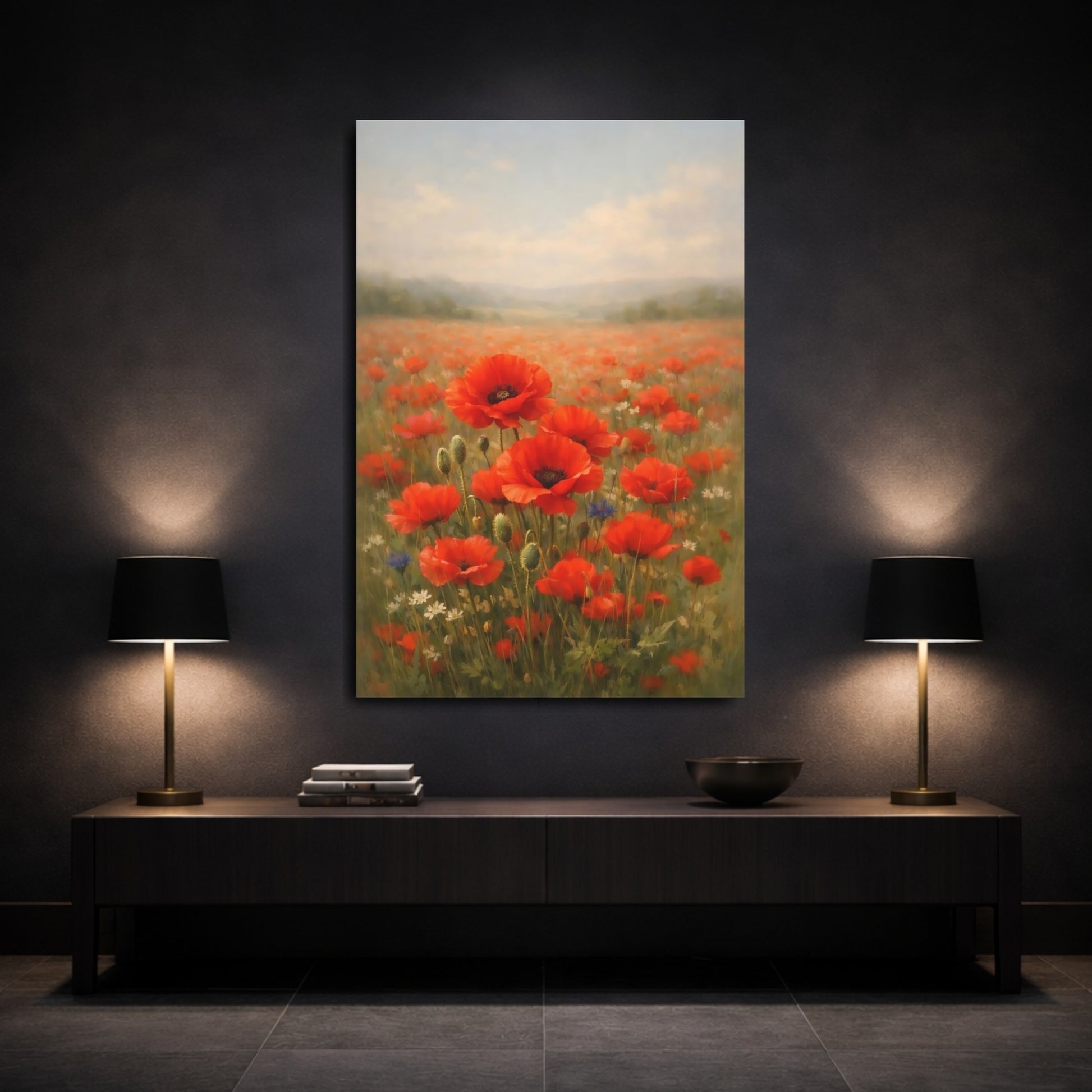 Mockup 2. Floral Poppies Red Poppy Field shown as stretched canvas wall art