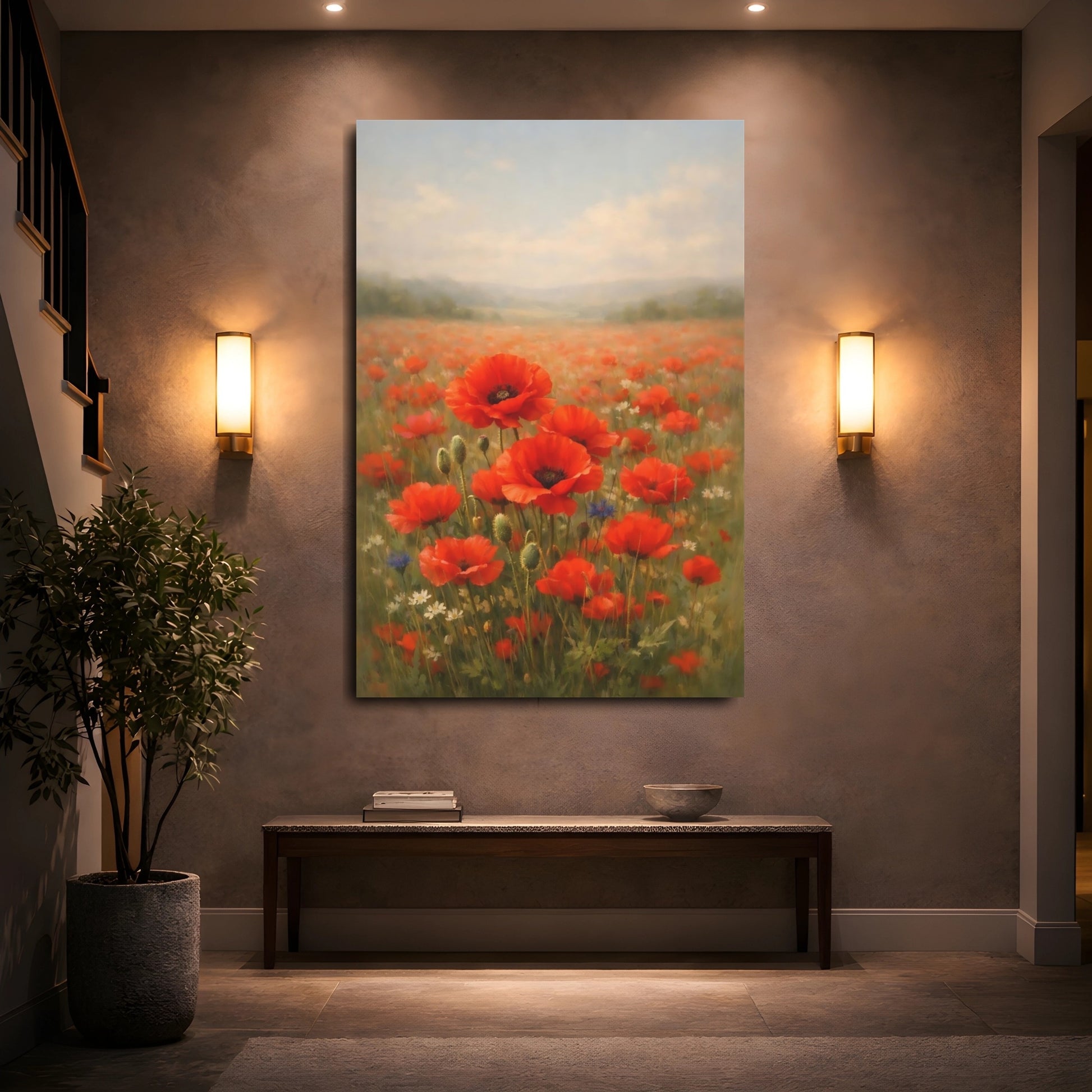 Mockup 4. Floral Poppies Red Poppy Field shown as stretched canvas wall art