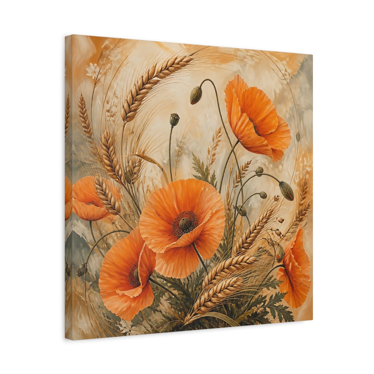 Side Mockup 5. Floral Poppies, Wheat Orange Poppies Wheat shown as stretched canvas wall art