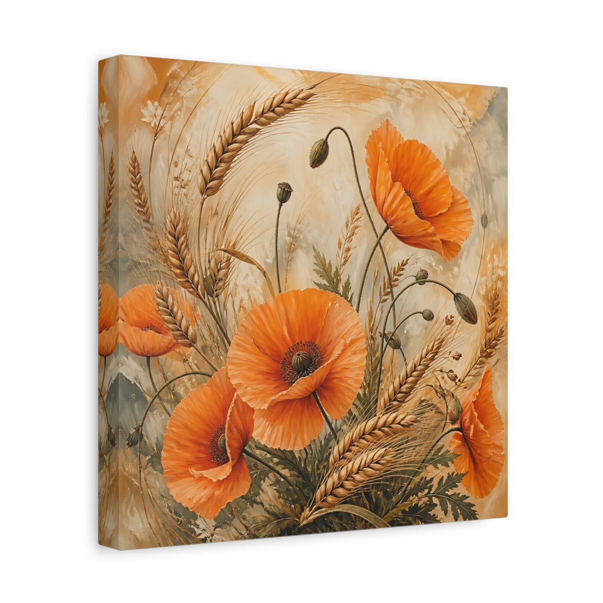 Side Mockup 8. Floral Poppies, Wheat Orange Poppies Wheat shown as stretched canvas wall art