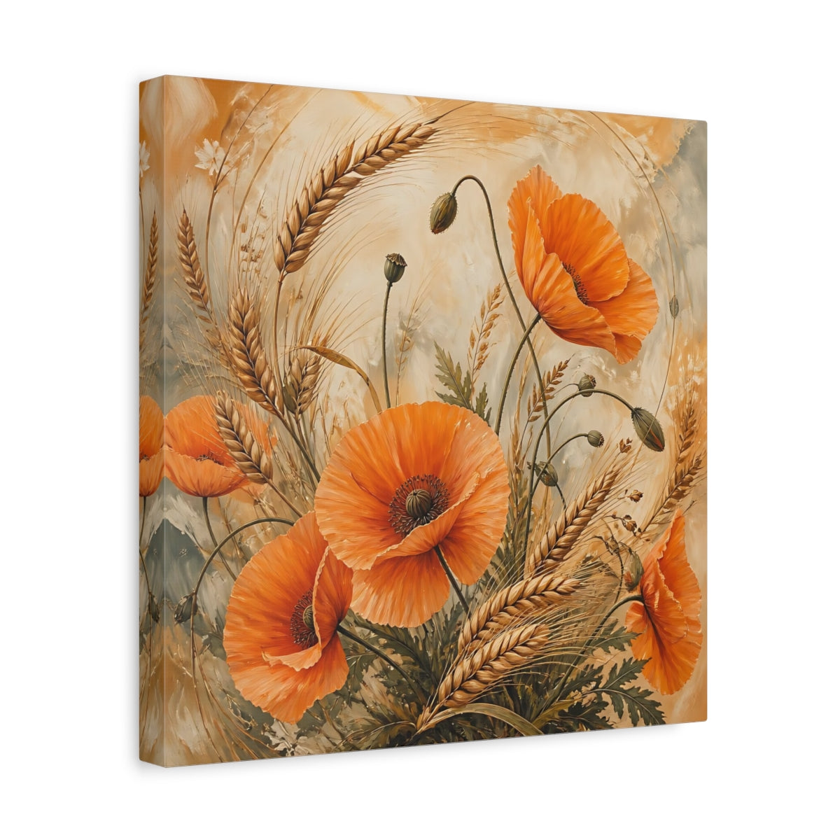 Side Mockup 7. Floral Poppies, Wheat Orange Poppies Wheat shown as stretched canvas wall art