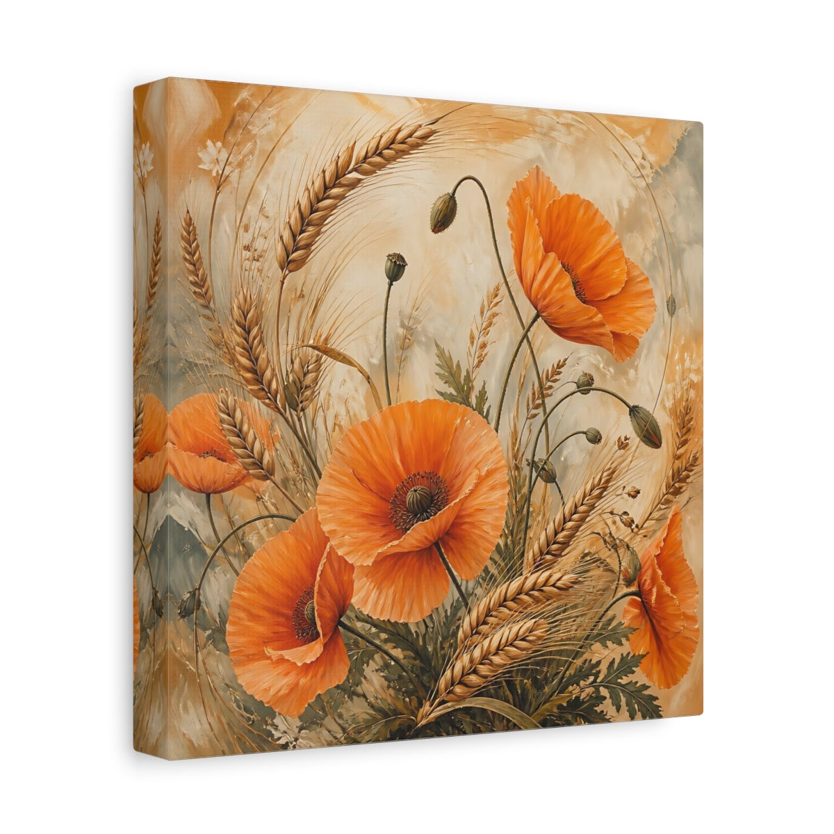 Side Mockup 9. Floral Poppies, Wheat Orange Poppies Wheat shown as stretched canvas wall art