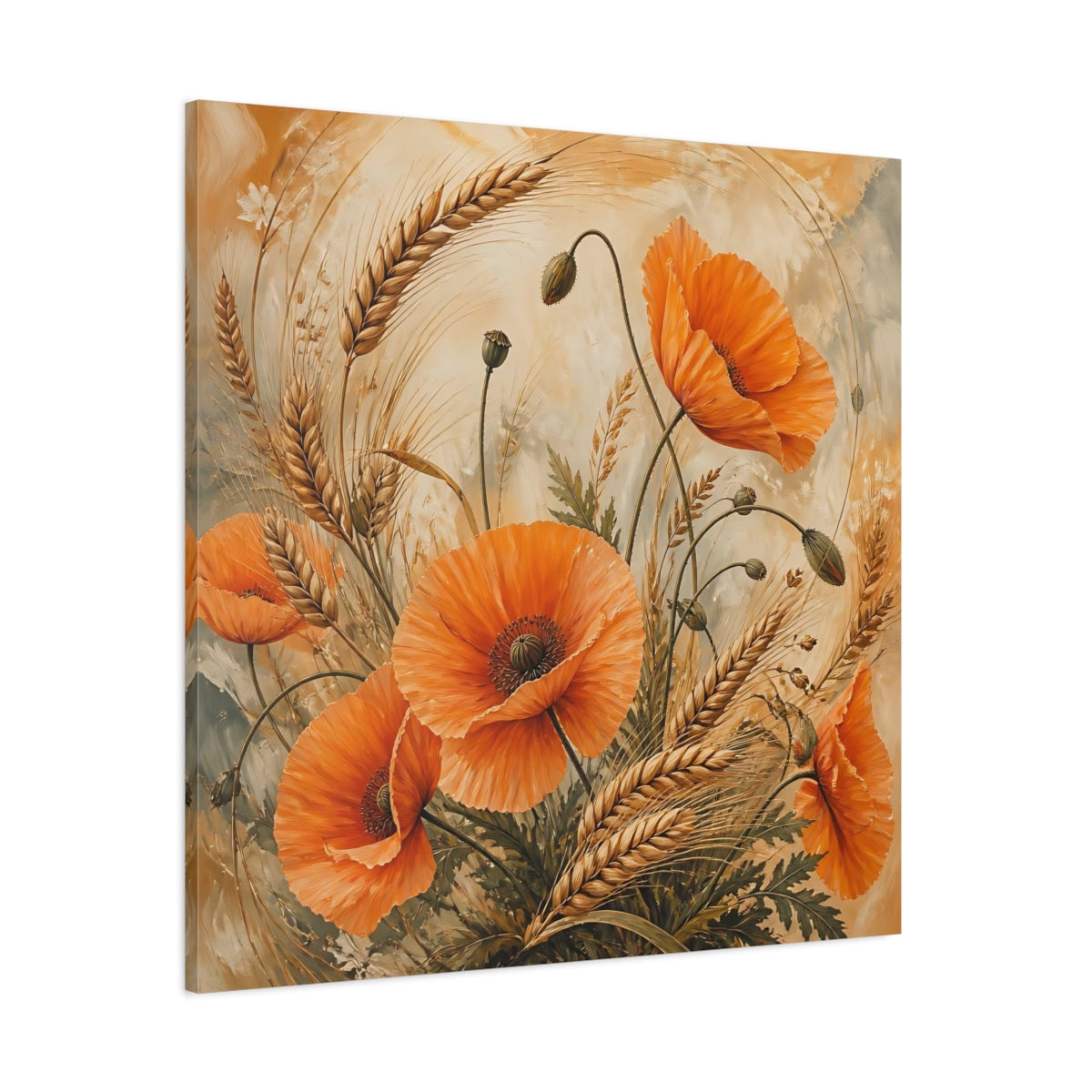 Side Mockup 1. Floral Poppies, Wheat Orange Poppies Wheat shown as stretched canvas wall art