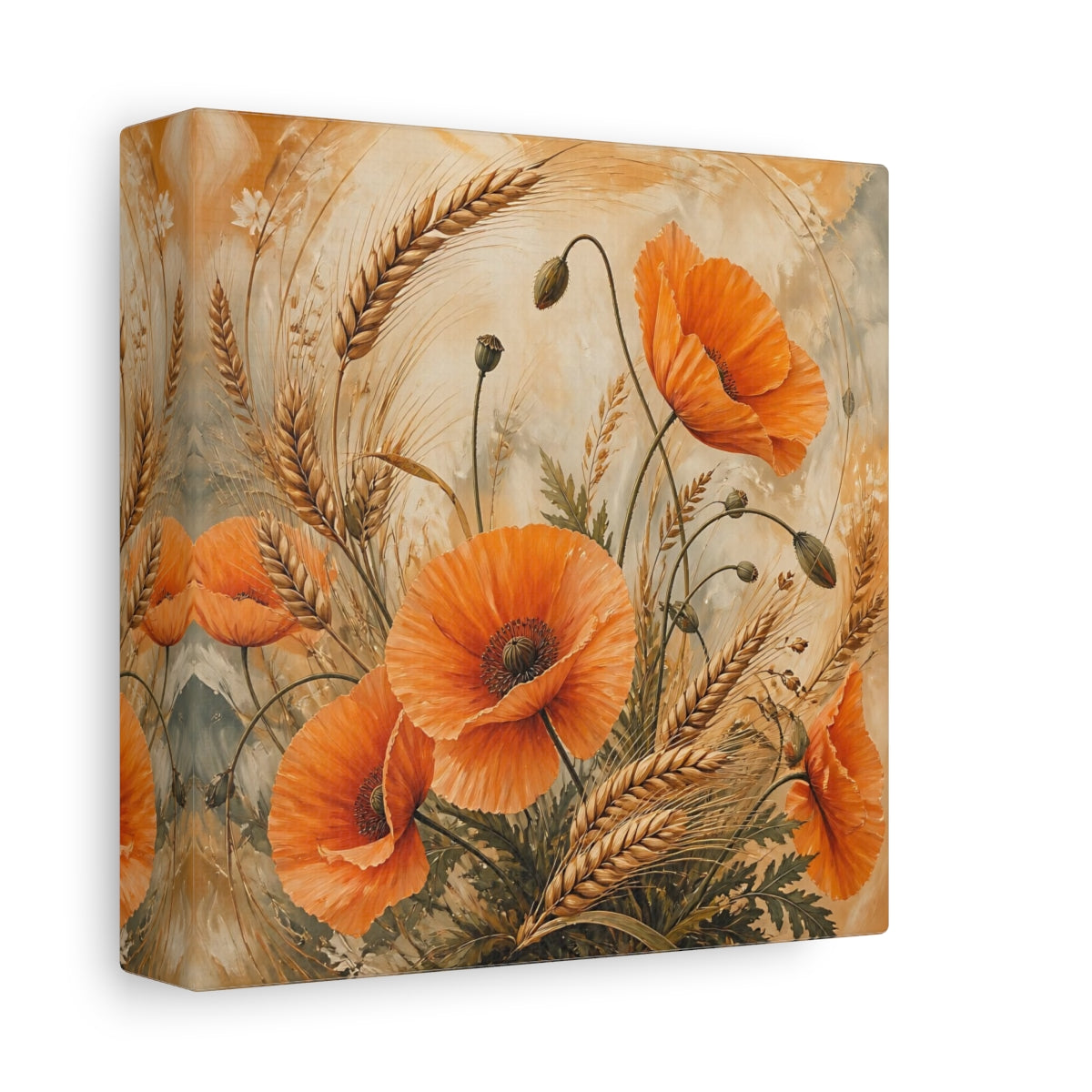 Side Mockup 2. Floral Poppies, Wheat Orange Poppies Wheat shown as stretched canvas wall art