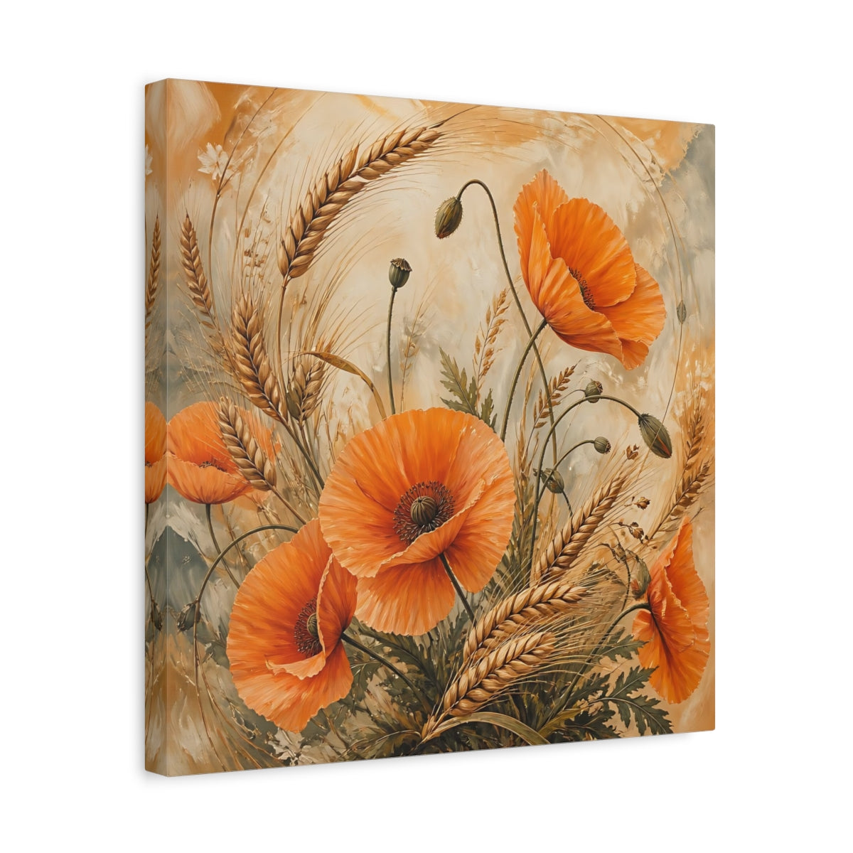 Side Mockup 6. Floral Poppies, Wheat Orange Poppies Wheat shown as stretched canvas wall art