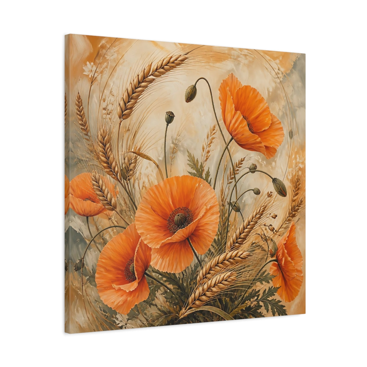 Side Mockup 3. Floral Poppies, Wheat Orange Poppies Wheat shown as stretched canvas wall art